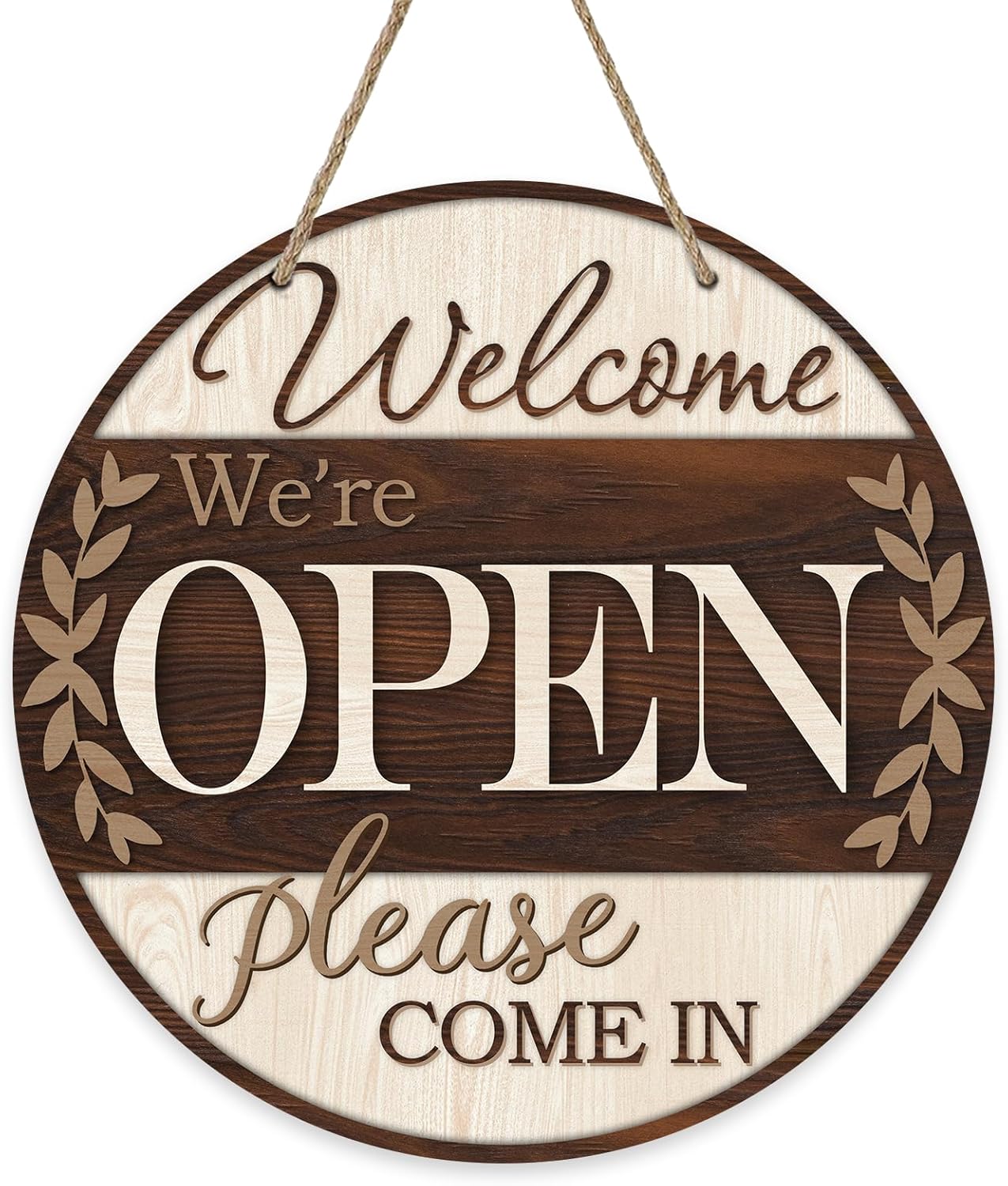Welcome We're Open Please Come in Business Front Door Sign, Farmhouse Store Wood Door Hanger Porch Home Decor, Rustic Wooden Wreath Indoor Office Wall Hanging Decoration