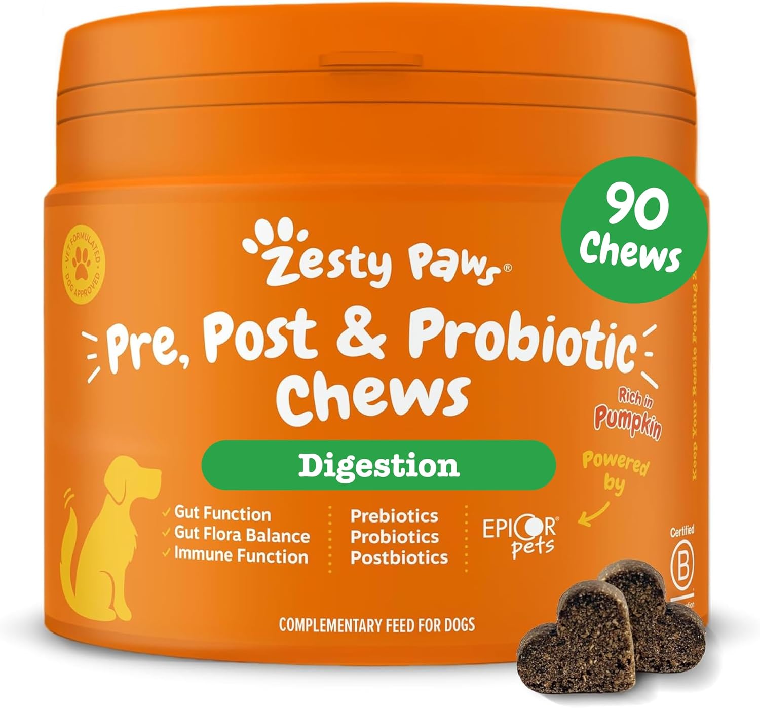 Zesty Paws Probiotics for Dogs | Supports Gut & Digestive Health | Probiotic Supplements for Digestive Care & Digestive Treats | Dog Probiotics for Gut Health Supplements | 90 Pcs