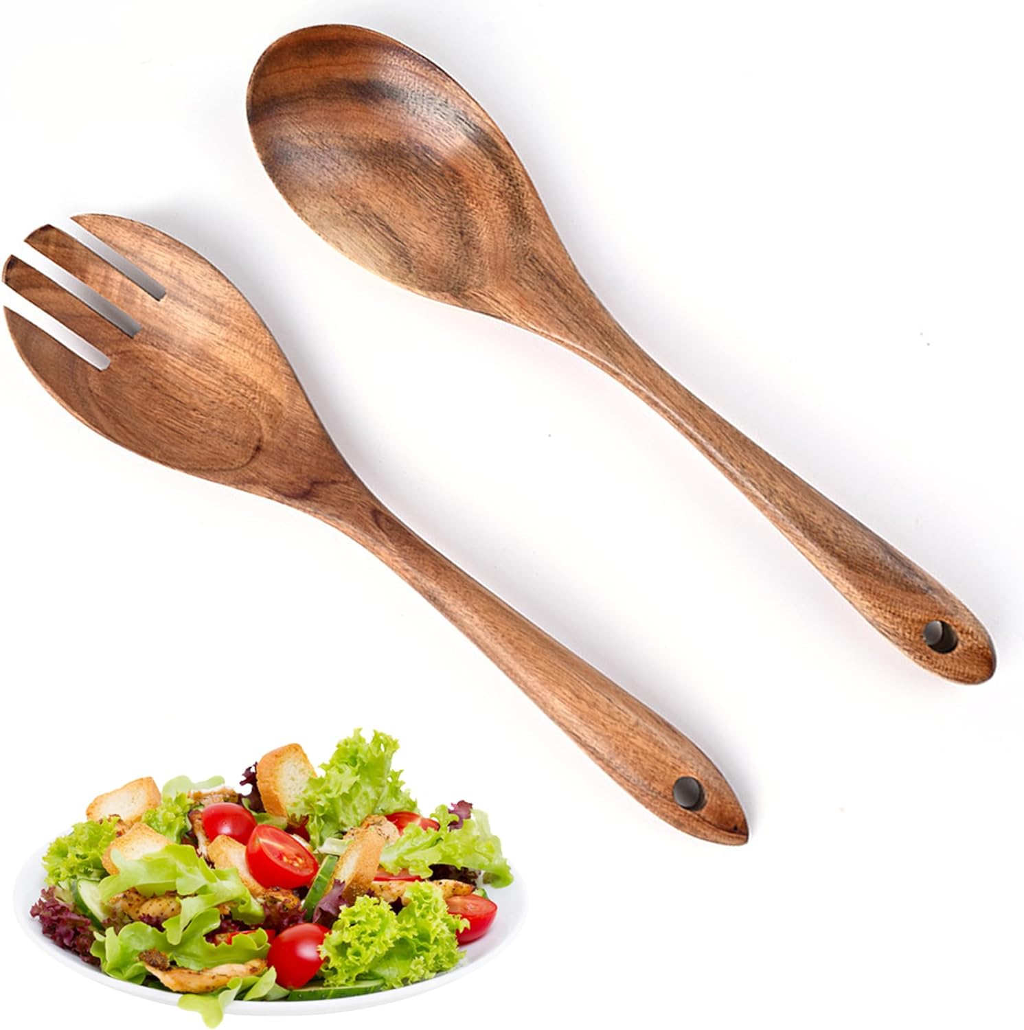 2PCS Salad Spoon and Fork Set, Salad Wood Serving for Mixing Fruit Pasta Dish, Cutlery Wooden Servers for Large Salad Bowl