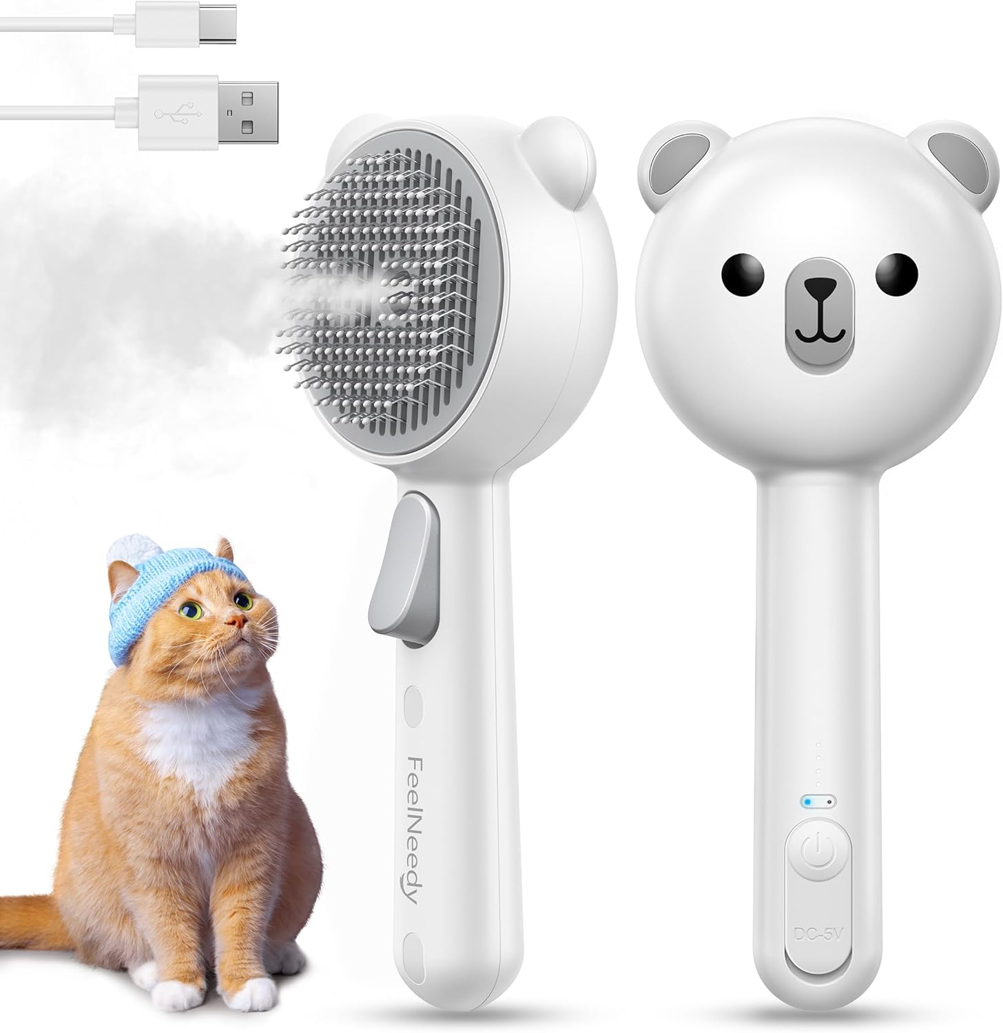 FEELNEEDY Cat Brush with Release Button, Spray Grooming Combs for Short&Long Haired Cats, USB Rechargeable, Pet Grooming Supplies for Shedding, White