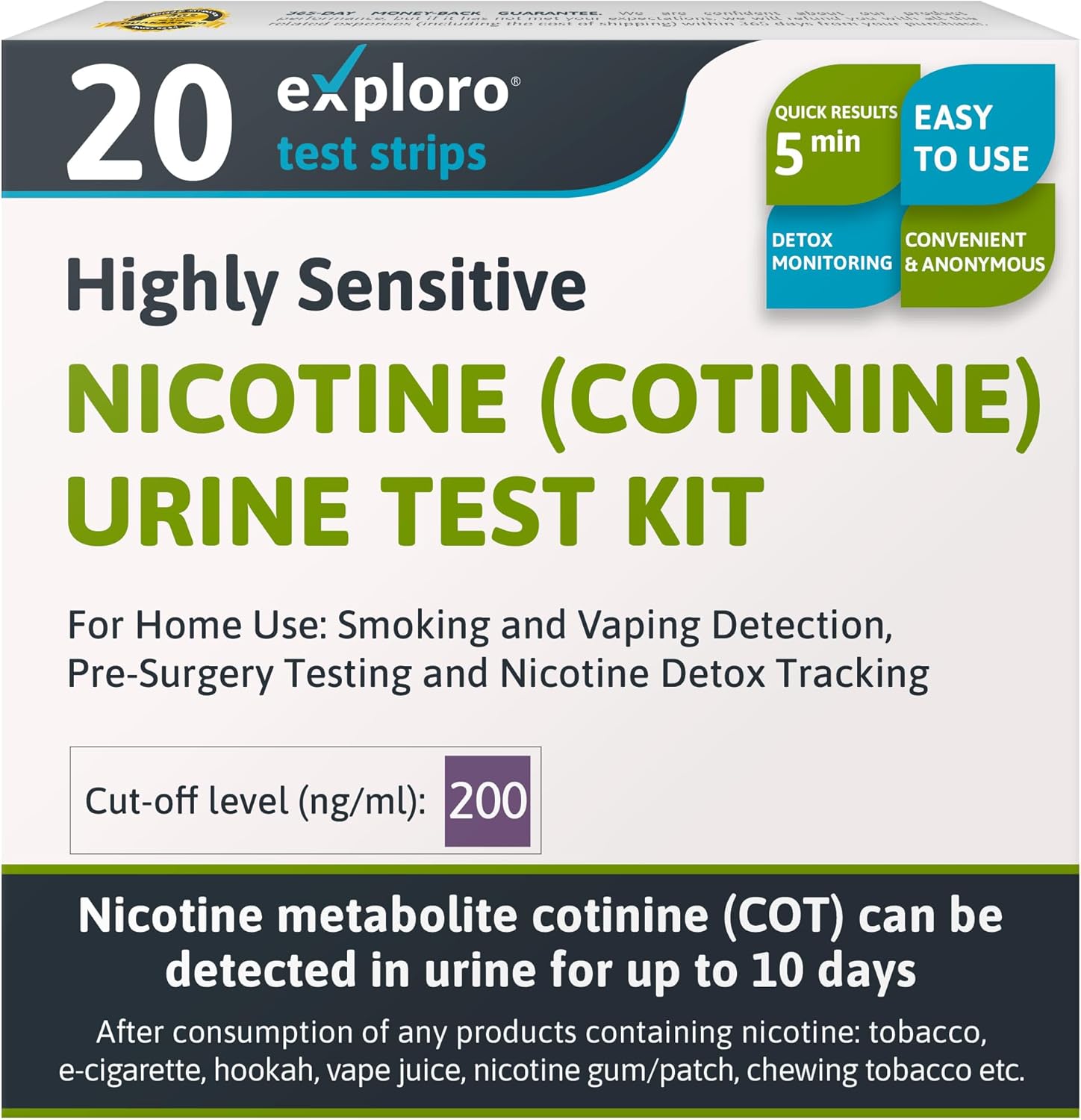 Exploro Nicotine Testing Kit at Home, Cotinine Urine Test, Highly Sensitive Nicotine Test Strips for Urine, Nicotine Test, Accurate Nicotene Test & Vape Test for Cut-Off Level 200 ng/ml (Pack of 20)