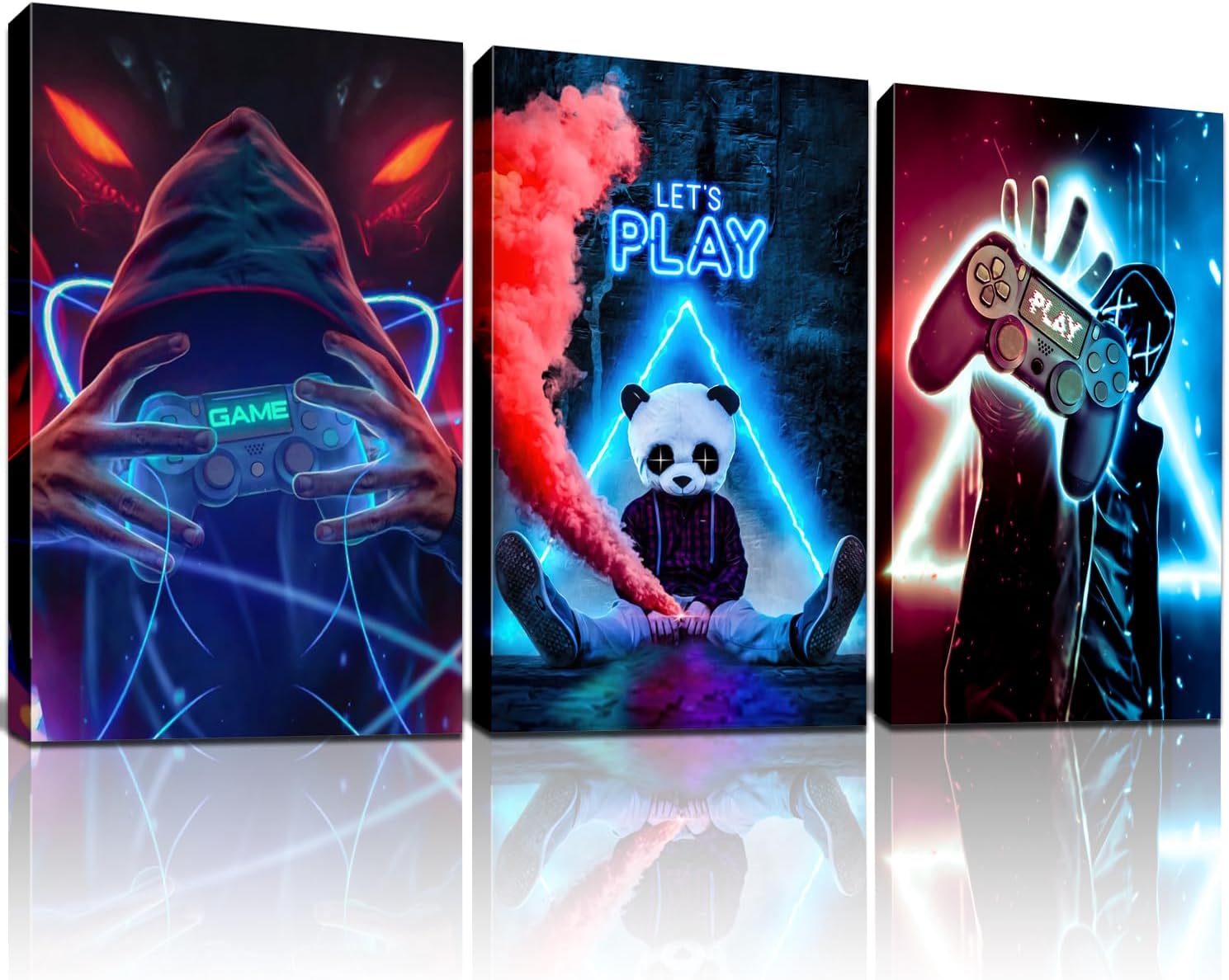 Framed 3 Piece Game Room Decorative Wall Art Video Game Theme Canvas Neon Poster Print Picture Children Youth Art Player Print Boys Decorative Room Boys Bedroom Residence 12 "W x 16 "H