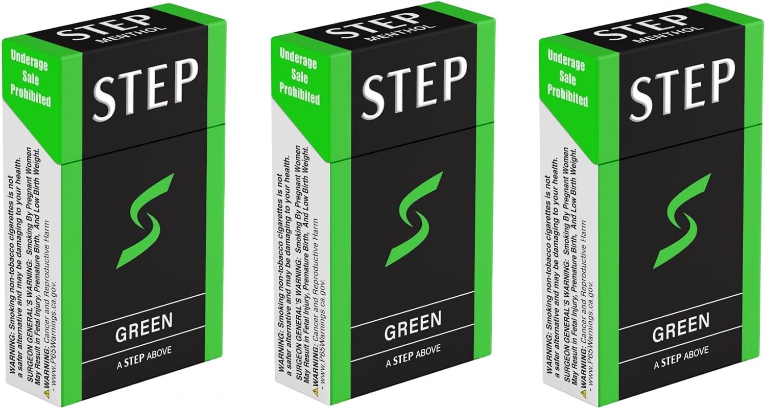 STEP Green Cool Menthol Herbal Cigarettes - Tobacco & Nicotine Free - Tastes Like a Real Cigarette (3 Boxes = 60ct)