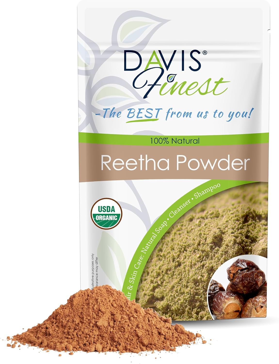 Davis Finest Organic Reetha Aritha Soap Nuts Powder Shampoo SLS-Free Soap 100g, Ayurvedic, Hair & Skin Care