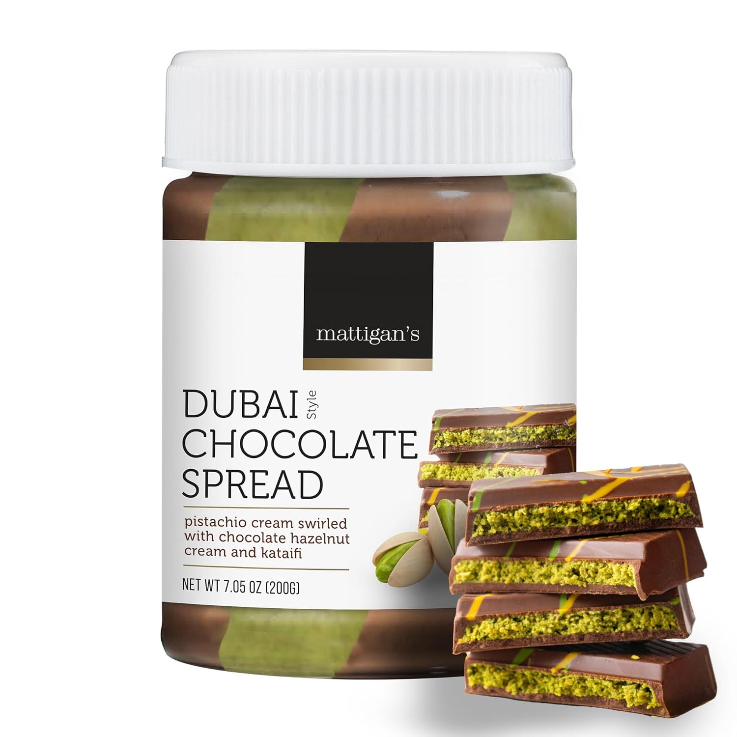Mattigan’s Award-Winning Dubai Style Chocolate Spread, Pistachio Cream Swirled with Hazelnut & Crunchy Kataifi, Gourmet Spreadable Chocolate, Premium Spread, Great Topping & Gift - 200g