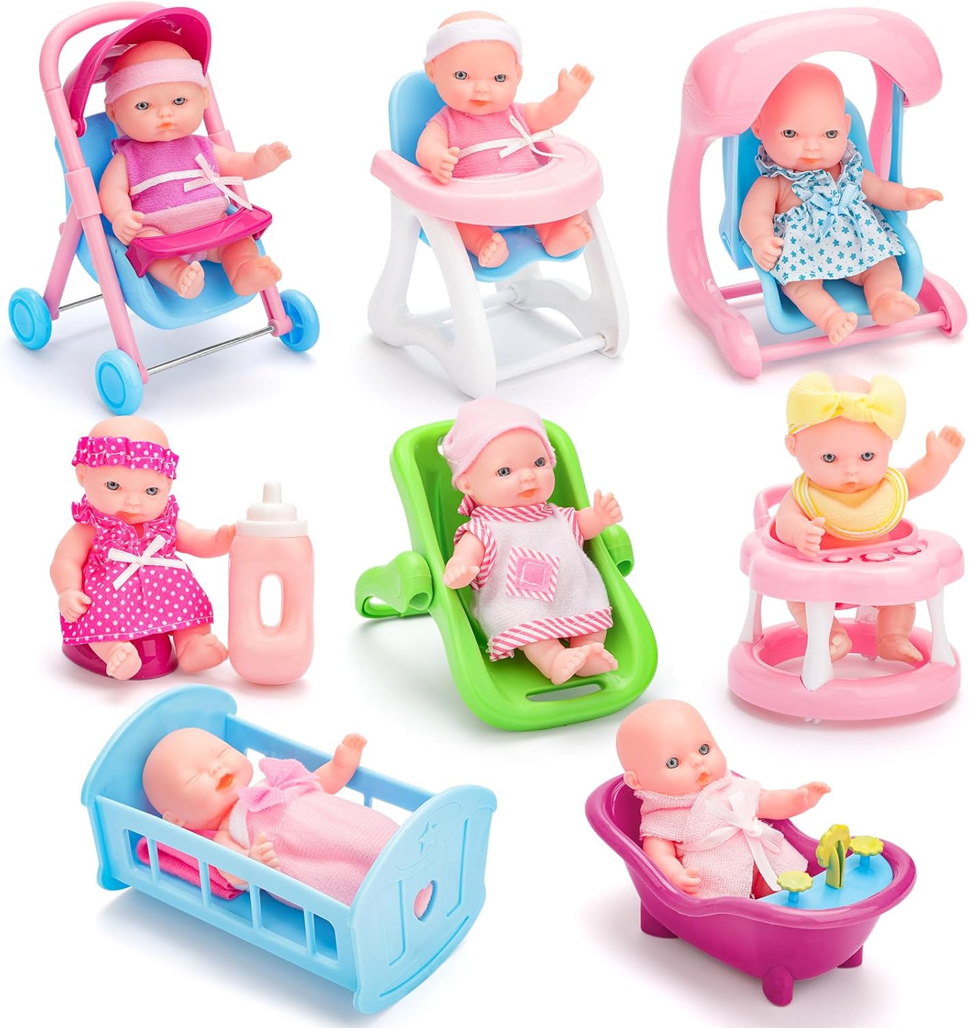 deAO 8 Sets 5" Mini Baby Dolls, Baby Doll Set with Accessories Including Stroller, Bathtub, Crib, High Chair, Swing, Walker, Small Baby Doll Toys for 3+ Years Old Kids Girls