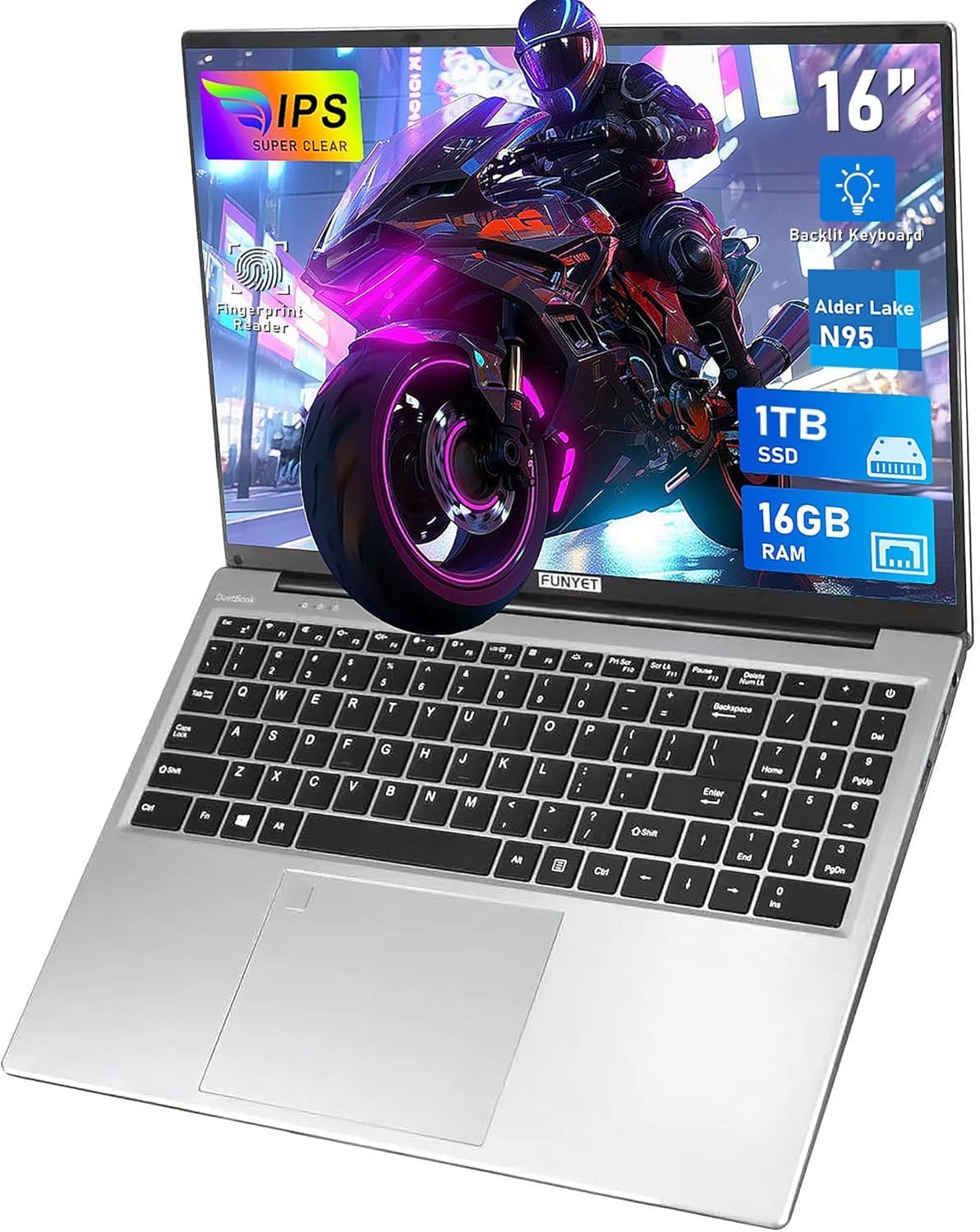 FUNYET Laptop Computer, Notebook 16 Inch 16GB RAM 1TB SSD, N95 Processor (up to 3.4 Ghz), FHD 1920 x 1200 Display, Support Touch ID, USB3.0, 6000mAh Battery