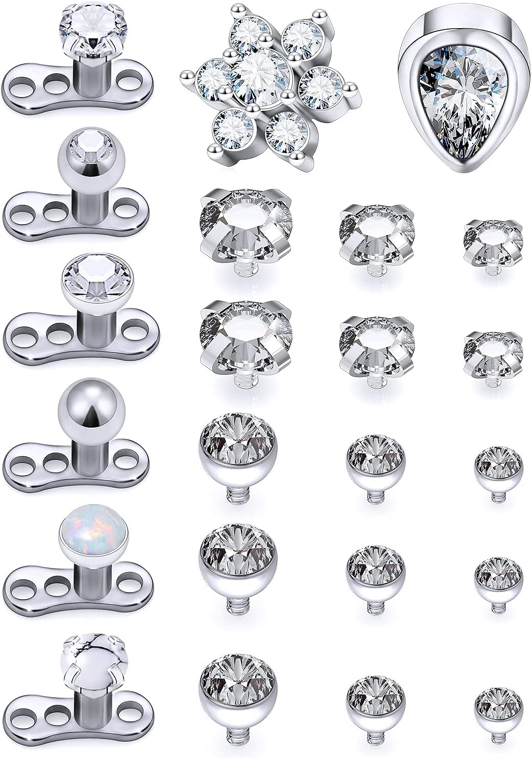 Ocptiy 23PCS 14G Grade 23 Titanium Dermal Tops and Dermal Base Internally Threaded Clear Star Heart Flower Gem Top Piercing Jewelry for Women Men