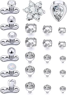 Ocptiy 23PCS 14G Grade 23 Titanium Dermal Tops and Dermal Base Internally Threaded Clear Star Heart Flower Gem Top Piercing Jewelry for Women Men