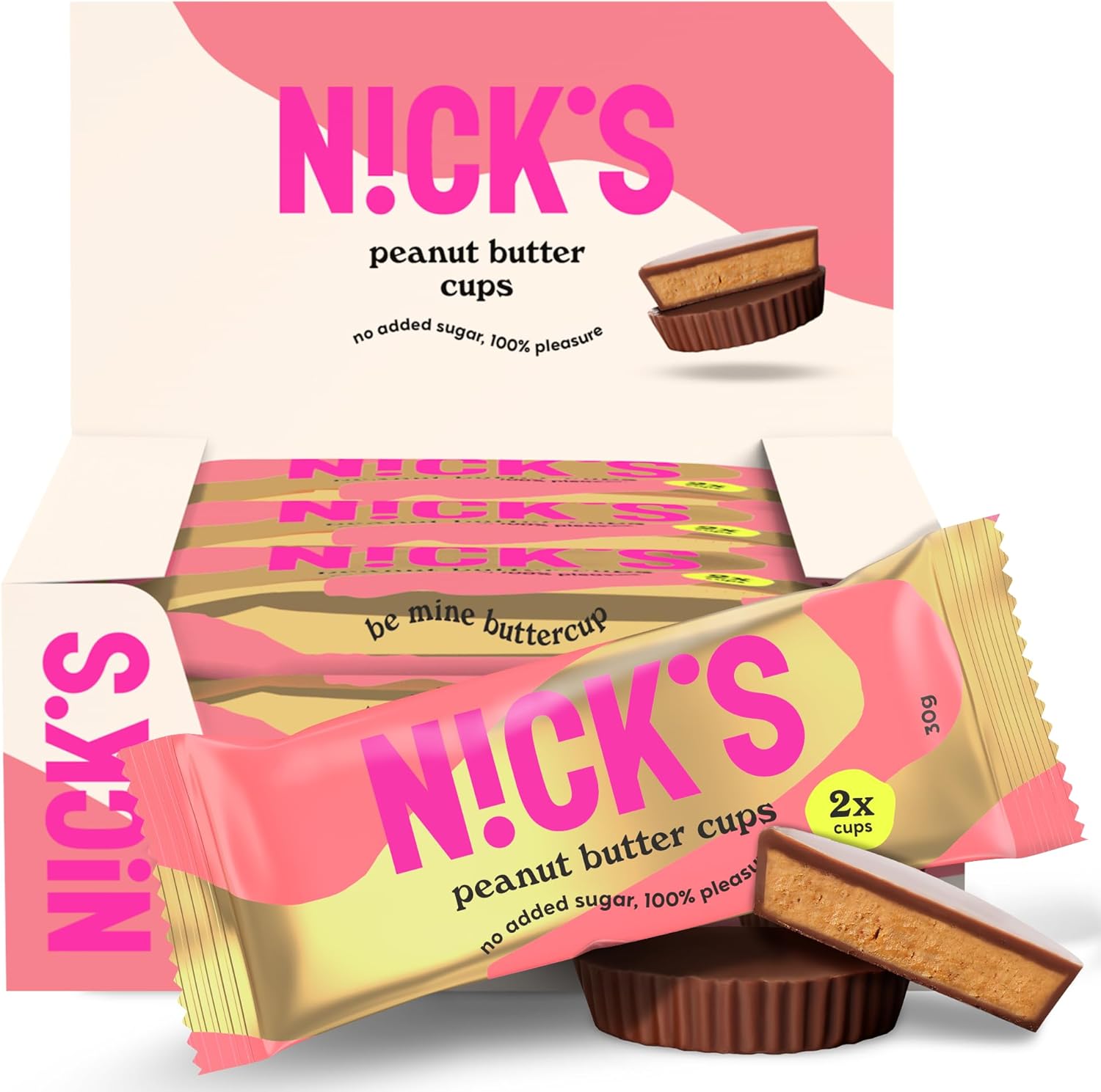 NICKS Peanut Butter Cups, Low Carb Sweet Chocolate Coating Filled With Rich Peanut Cream, 1.8 Net Carbs, 1.1g Sugar per cup, Keto Snack No Added Sugar Gluten Free Without Palm Oil 12-Pack of 30g (2x1)