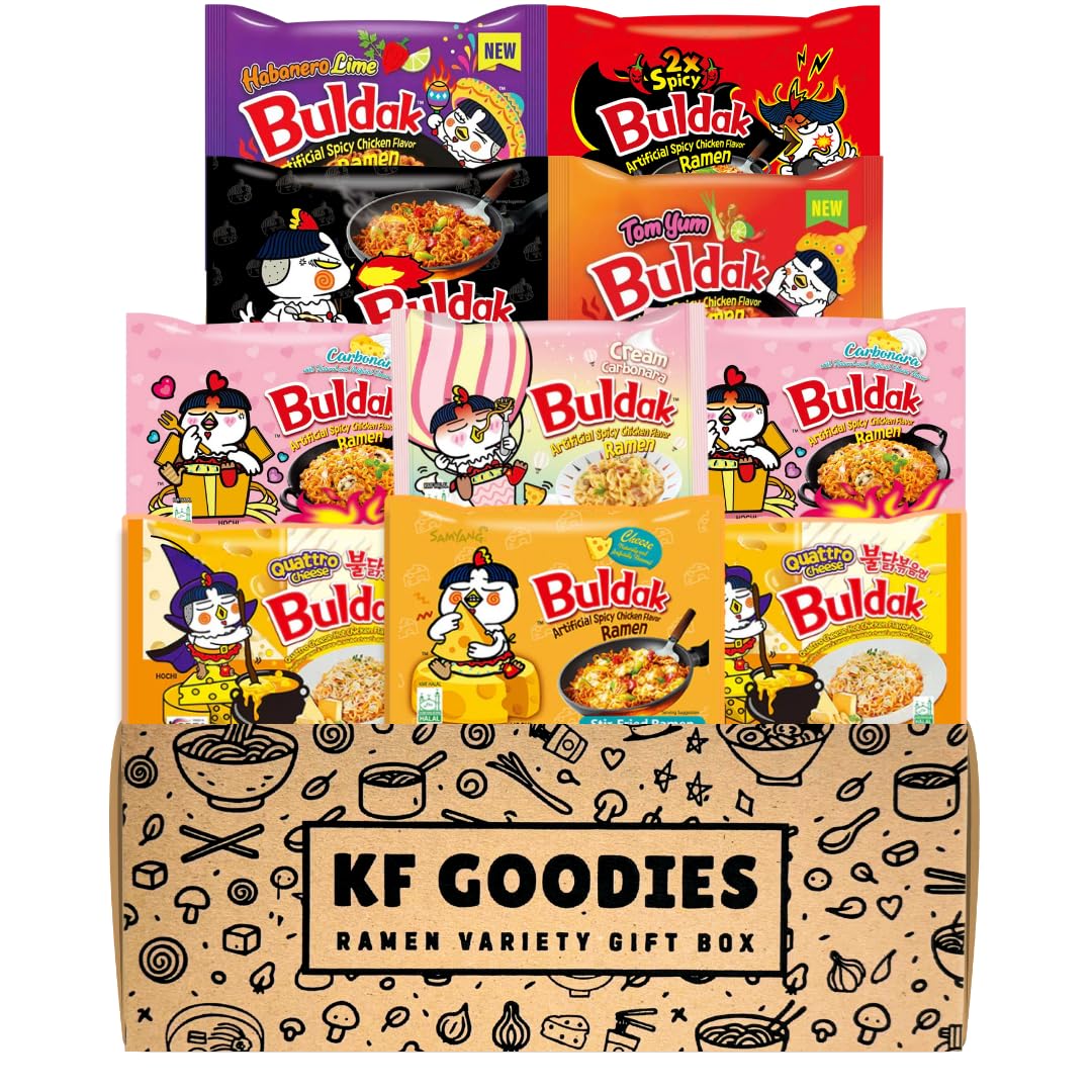 KF GOODIES Korean Ramen Variety Pack Gift Box (10 Count) – Spicy Buldak Noodle Assortment for Birthdays, College Care Packages, Office Snacks, and Gift Baskets