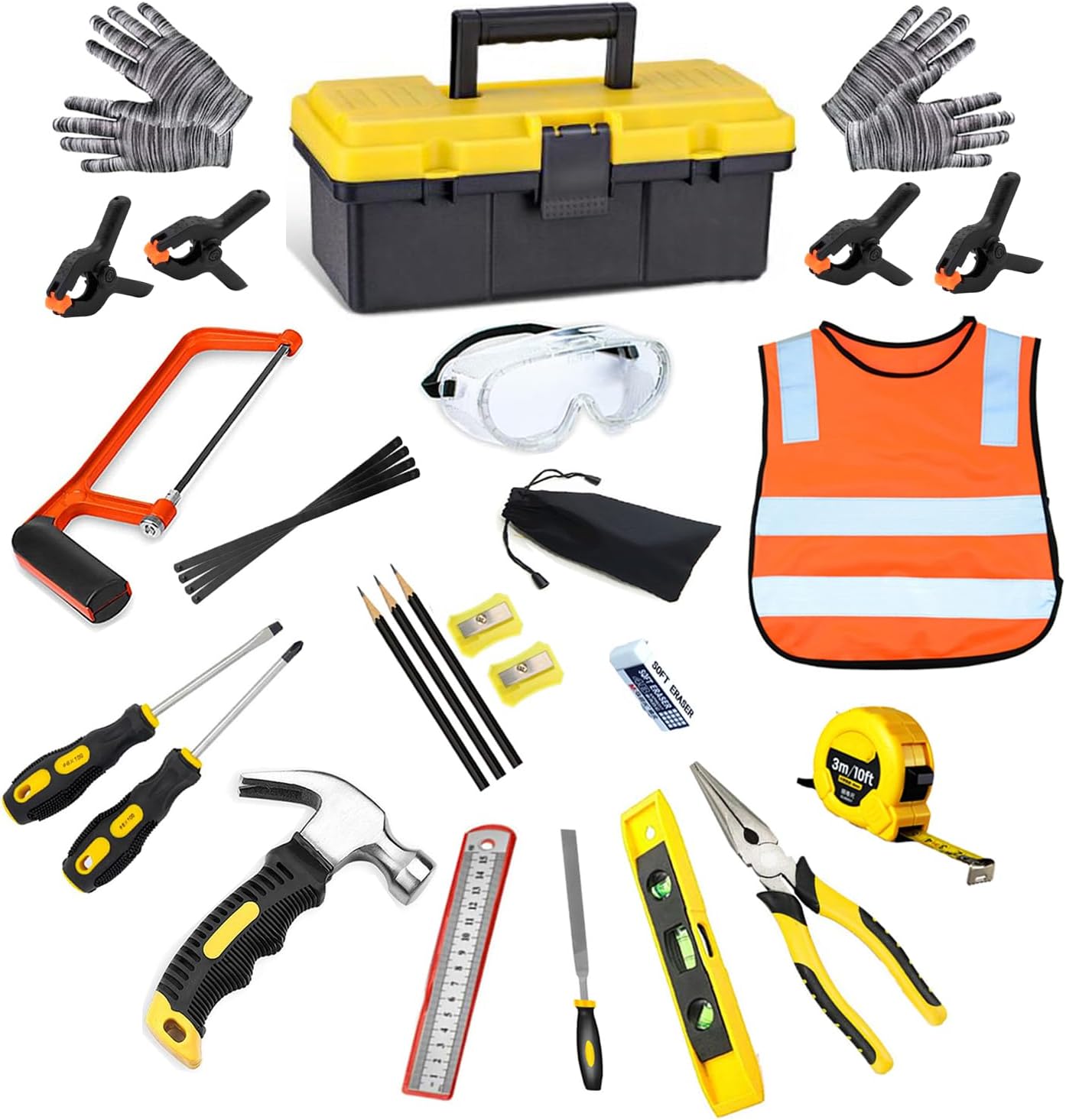 QeeHeng Kids Real Tools Set, Woodworking Tool Set, 30 PCS Builder Children Real Hand Tools Kit Construction Learning, Home DIY Play for Boys & Girls Beginner Learning Gift, Come with Tool box