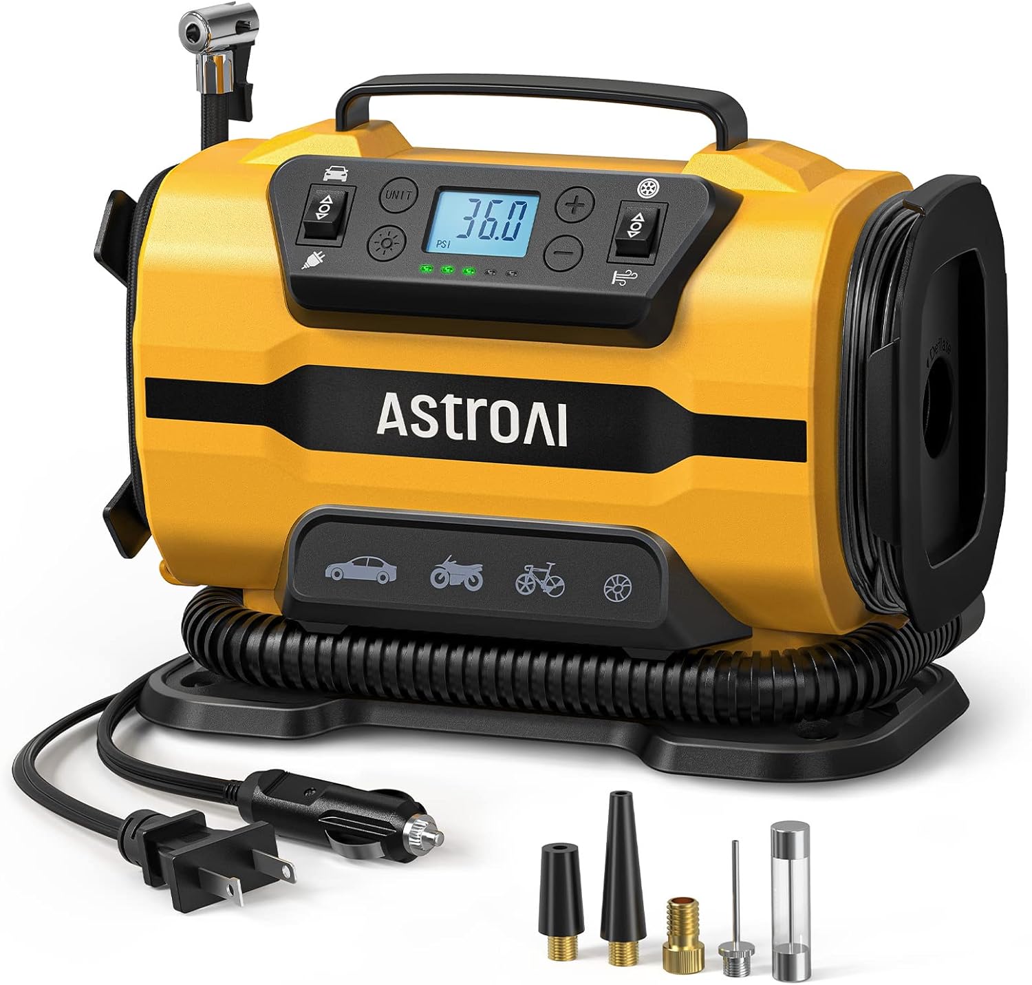 AstroAI Tire Inflator Portable Air Compressor Pump 150PSI 12V DC/110V AC with Dual Metal Motors &LED Light, Automotive Car Accessories&Two mode for car, bicycle tires and air mattresses, Yellow