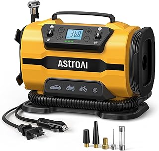 AstroAI Tire Inflator Portable Air Compressor Pump 150PSI 12V DC/110V AC with Dual Metal Motors &LED Light， Automotive Car Accessories&Two mode for car, bicycle tires and air mattresses, Yellow