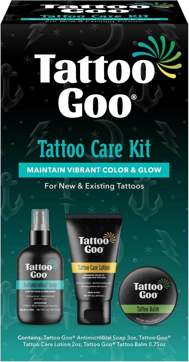 Tattoo Goo Aftercare Kit Includes Antimicrobial Soap, Balm, and Lotion, Tattoo Care for Color Enhancement + Quick Healing - Vegan, Cruelty-Free, Petroleum-Free, Tattoo Artist Gifts (3 Piece Set)