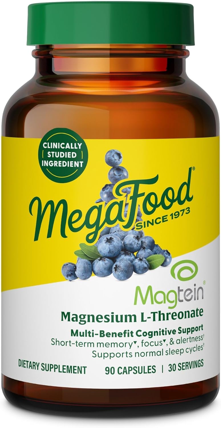 MegaFood Magtein Magnesium L-Threonate - Magnesium Supplement 2000mg Per Serving - Supports Short-Term Memory, Focus, Alertness & Normal Sleep Cycles - Vegan, Gluten Free - 90 Capsules, 30 Servings
