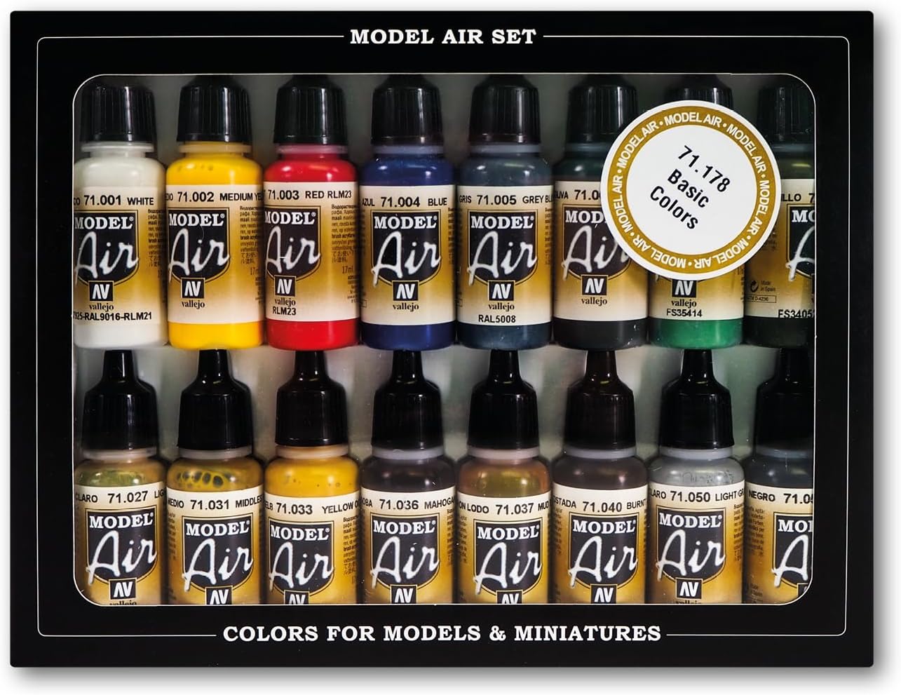 Vallejo Model Color Set, 16 Basic Acrylic Paints for Airbrush, Matte Finish, 18 ml Bottles with Dropper, Ideal for WWII Aircraft Models