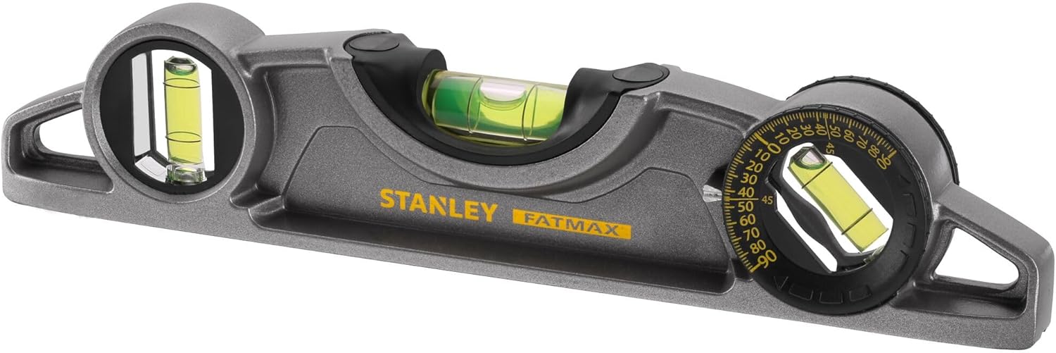 STANLEY Torpedo Level Heavy Duty Aluminium Body and Magnetic Base Including 3 Reversible Vials 0-43-609, Grey/White, 25cm