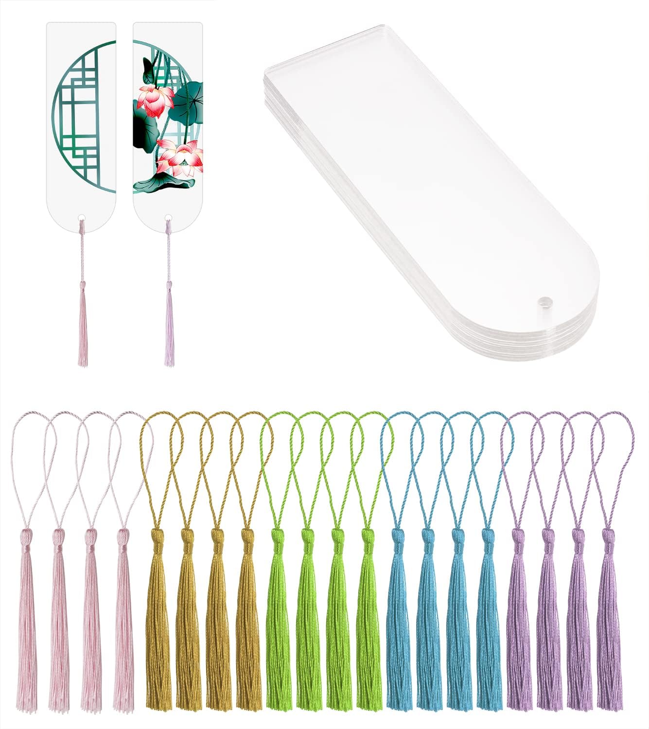 Blank Clear Acrylic Bookmakrs Penta Angel 20Pcs Plastic Craft Transparent Acrylic Bookmakrs with 20Pcs Small Bookmakrs Tassels for DIY Projects and Graduation Gift Tag (Semicircle)