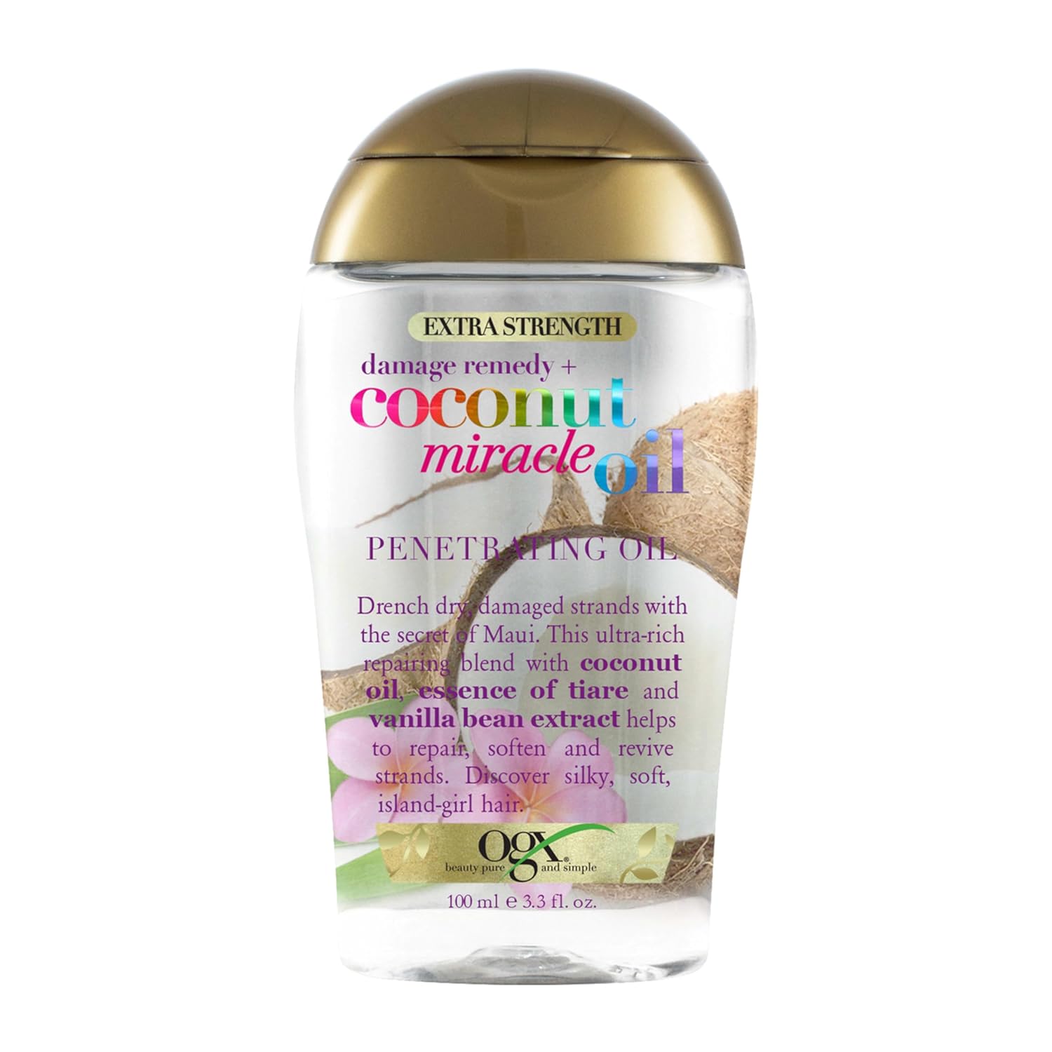 OGX Extra Strength Damage Remedy + Coconut Miracle Oil Penetrating Hair Oil Treatment, Extra Hydrating Anti-Frizz Oil for Coarse, Dry Hair, Paraben-Free, Sulfated-Surfactants Free, 3.3 Fl Oz