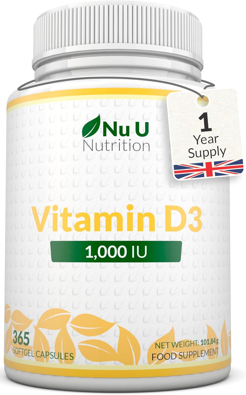 Vitamin D 1000IU - 365 Softgels Capsules - 1 a Day - 1 Year Supply - High Strength Vitamin D Supplement - Cholecalciferol VIT D3 - Made in the UK - Nu U Nutrition