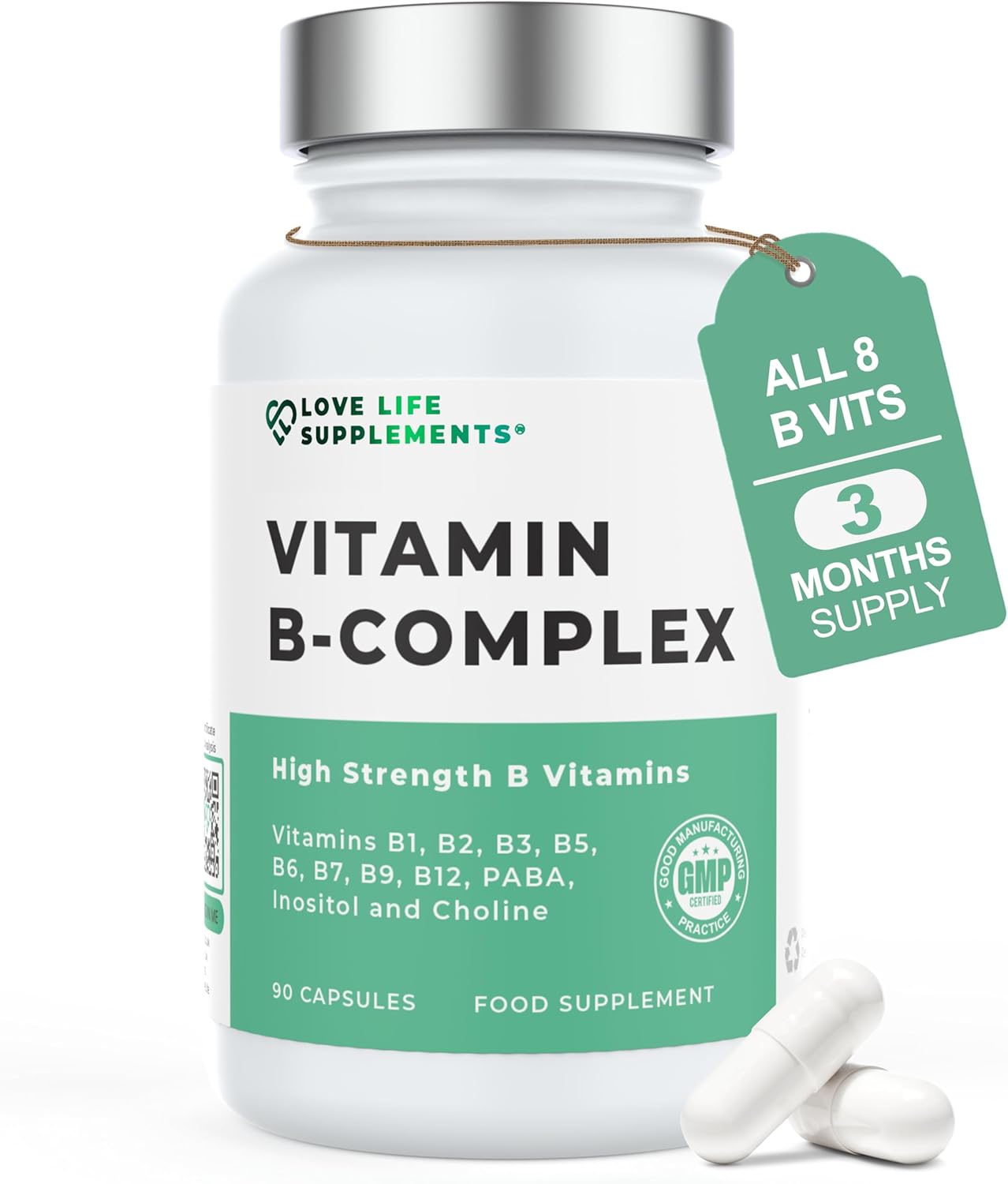 Vitamin B Complex High Strength | 90 Capsules - 90 Day Supply | All 9 B Vitamins B1-B2-B3-B5-B6-B7-B9-B10-B12, Inositol and Choline | Completely Clean - No Fillers | Love Life Supplements