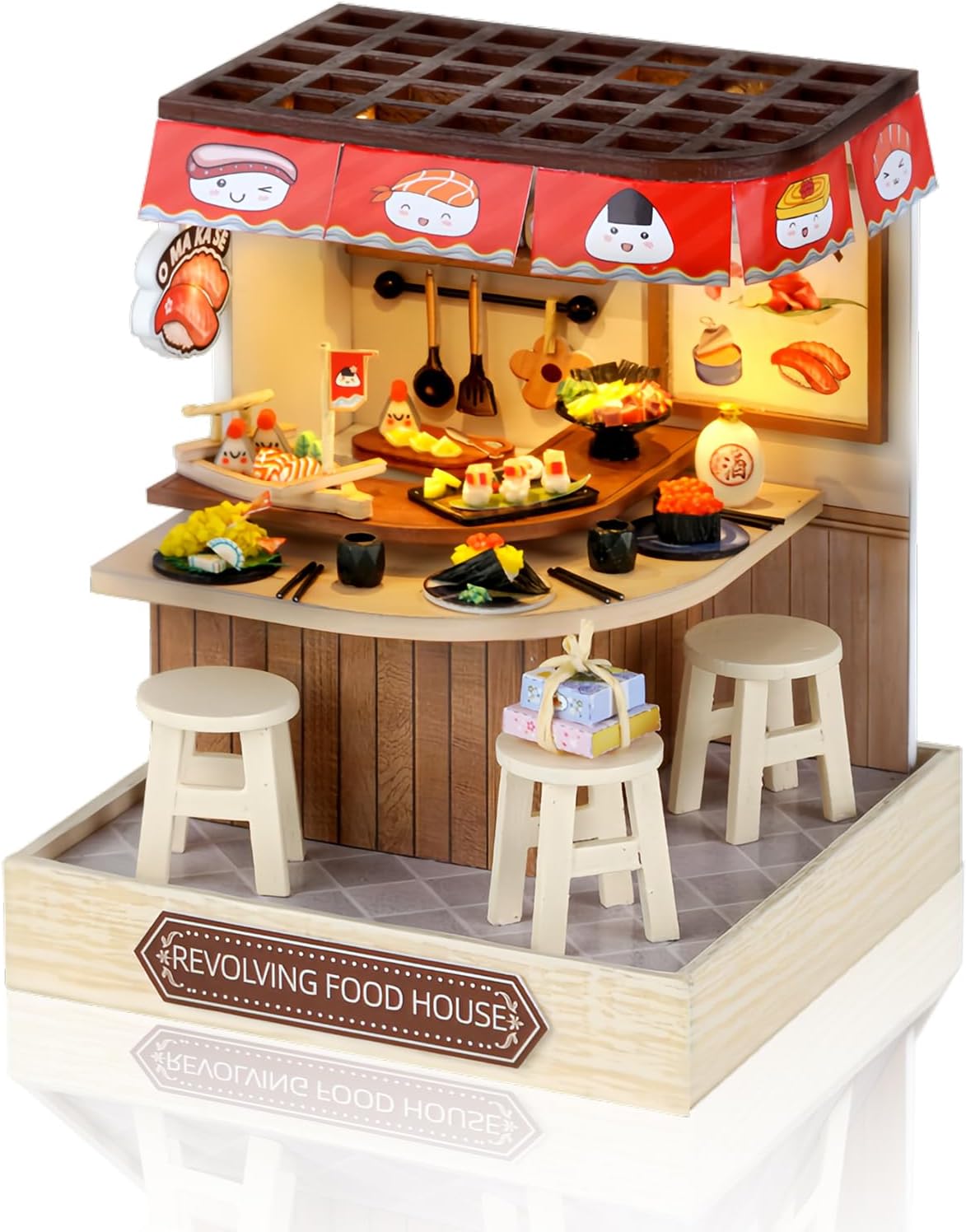 Cuteefun DIY Miniature House Kits, Mini Dollhouse with LED, Wooden Crafts for Adults Teen to Building, Birthday (Revolving Food House)