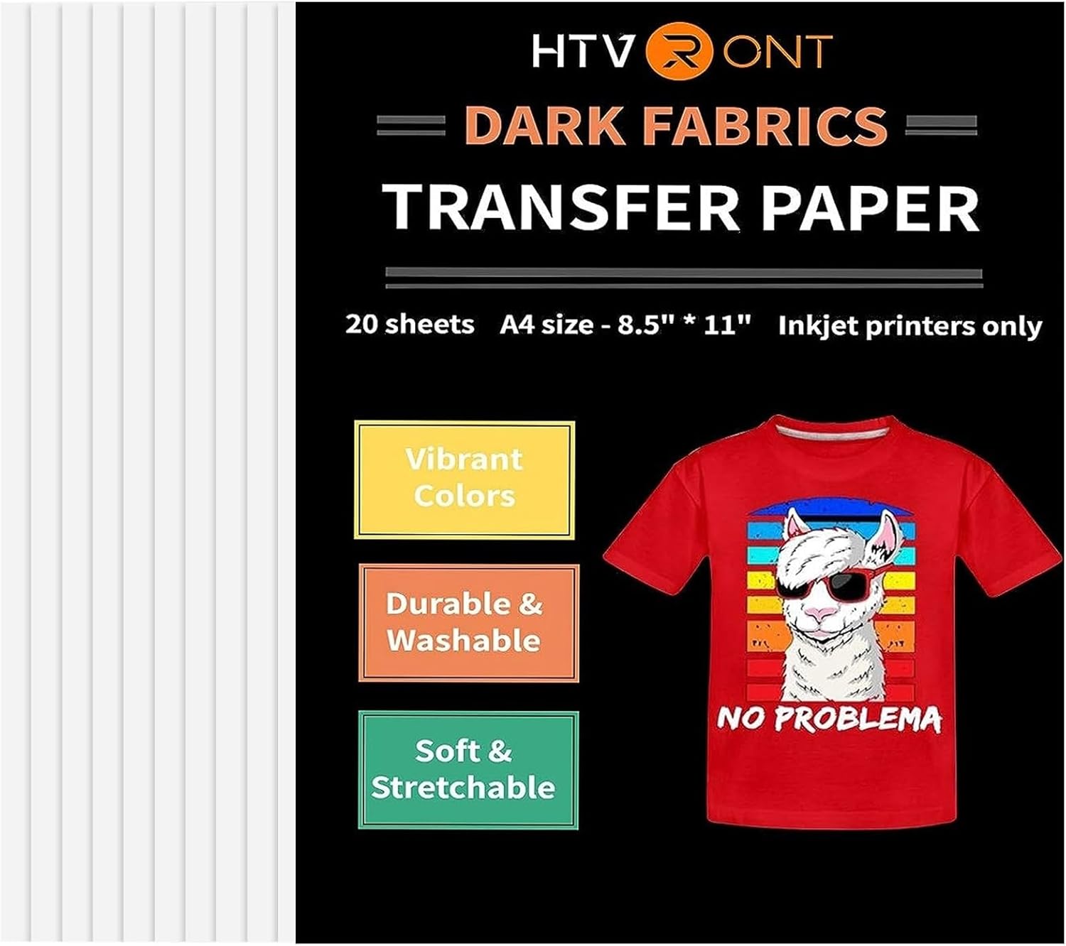 HTVRONT Heat Transfer Paper for T Shirts 20 Sheets, 8.5" X 11" Printable Heat Transfer Vinyl, Vivid Color & Durable Iron on Transfer Paper for Dark Fabric