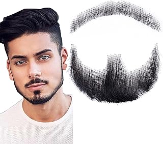 Fake Mustache Fake Beard Realistic 100% Human Hair Full Hand Tied Goatee False Beards Lace Invisible Fake Mustache for Halloween Dressing Men Makeup Entertainment/Drama/Party/Movie (Black)