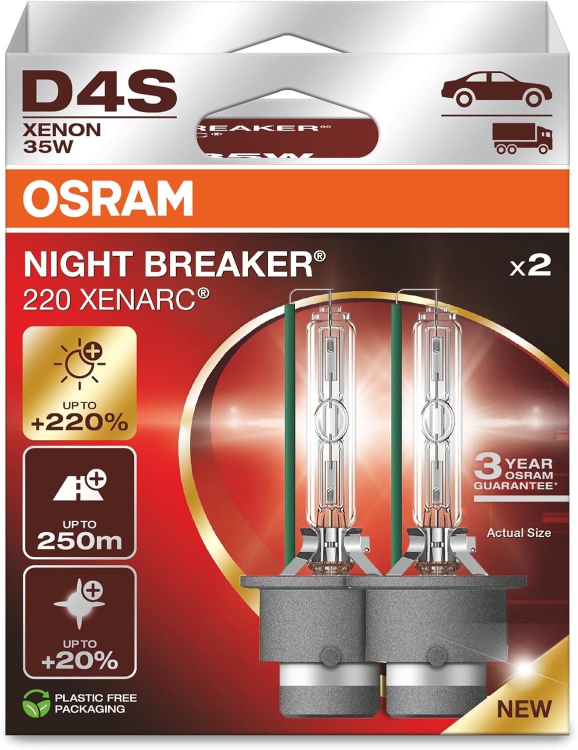 OSRAM XENARC NIGHT BREAKER 220, D4S, +220% more brightness, xenon headlight lamp, 66440XN2-2HB, 2 lamps