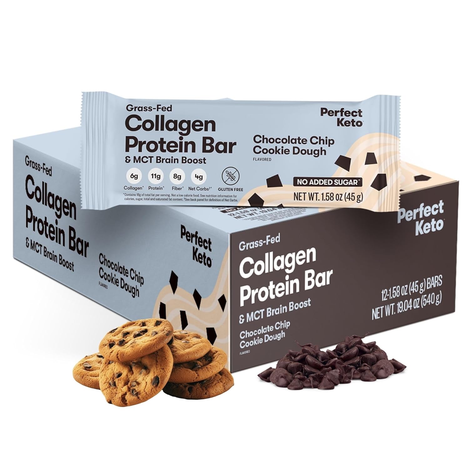 Perfect Keto Bars, Gluten Free Grass Fed Collagen + MCT Oil, Low Carb, No Sugar Added, High Protein Snacks, Keto Diet Foods, 11g Protein, 18g Fat, 3g Net Carbs, Chocolate Chip, 12 Bars