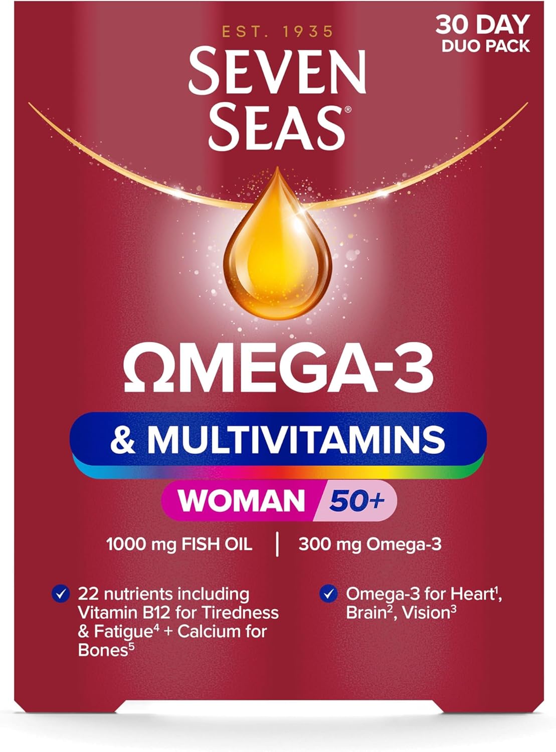 Seven Seas Omega-3 & Multivitamins Woman 50+, with Vitamin B12 and Calcium, 30-Day Duo Pack, 30 Omega-3 Capsules and 30 Multivitamin Tablets