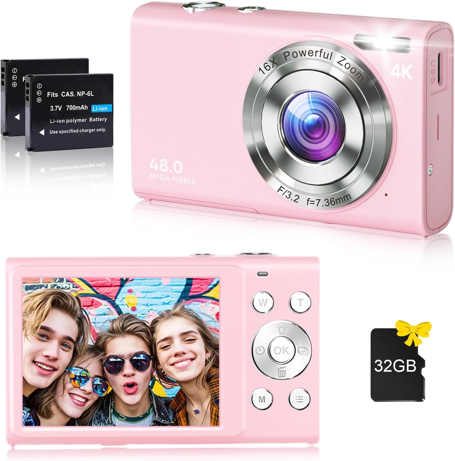 Digital Camera, 4K Vlogging Camera for YouTube Autofocus 48MP UHD Cameras for Photography with Anti-Shake, 16X Digital Zoom Point and Shoot Digital Camera with 32GB Card for Teens Adult Beginner-Pink