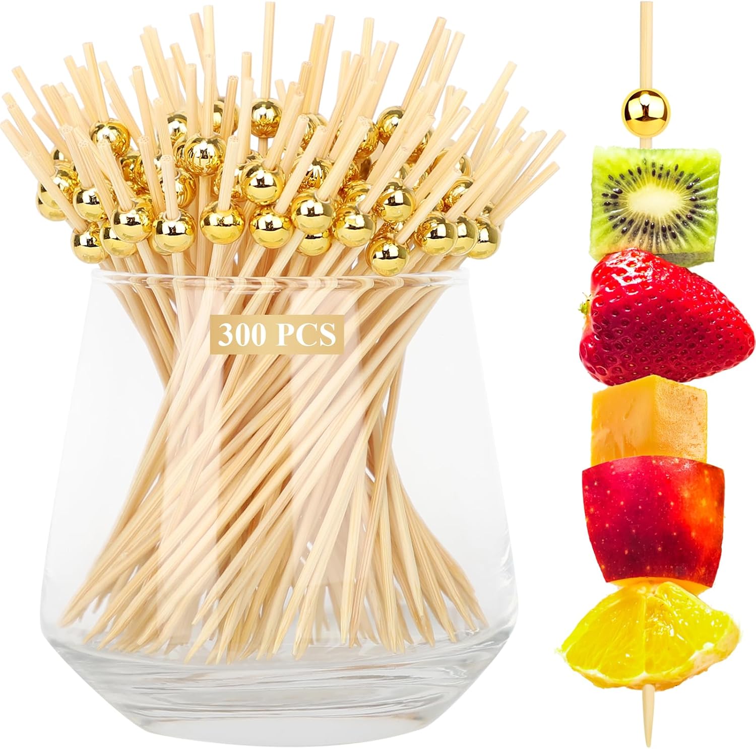 [300PCS] Cocktail Picks, Fancy Toothpicks for Appetizers Drinks Food Fruit, 4.7 IN Long Decorative Bamboo Skewers, Gold Pearl Wooden Garnish Sticks for Charcuterie Boards Accessories Party Supplies