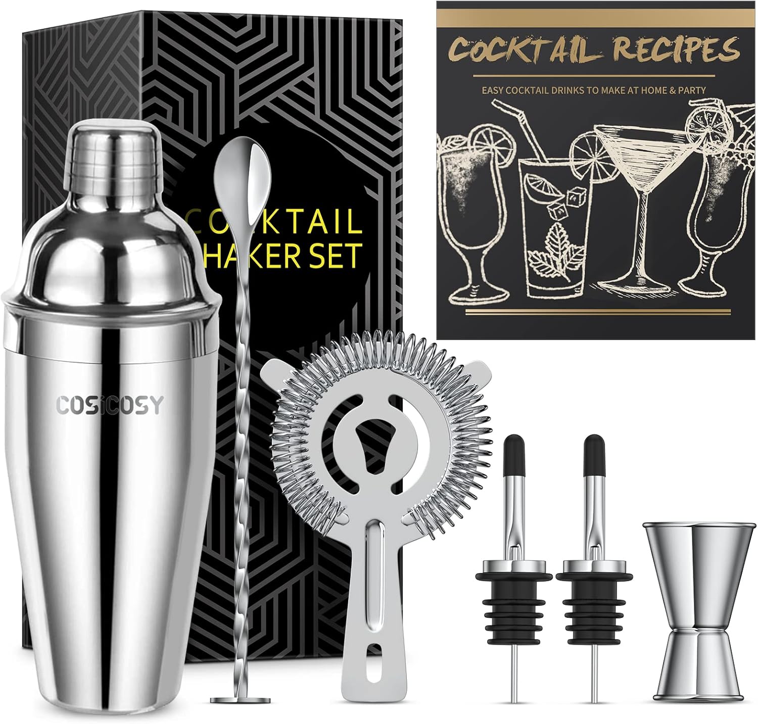Cocktail Making Set, Cosicosy Cocktail Shaker Set 7 Pcs Professional Stainless Steel Cocktail Accessories Set with Recipes and Bar Accessories for Home Bars and Outdoor Events
