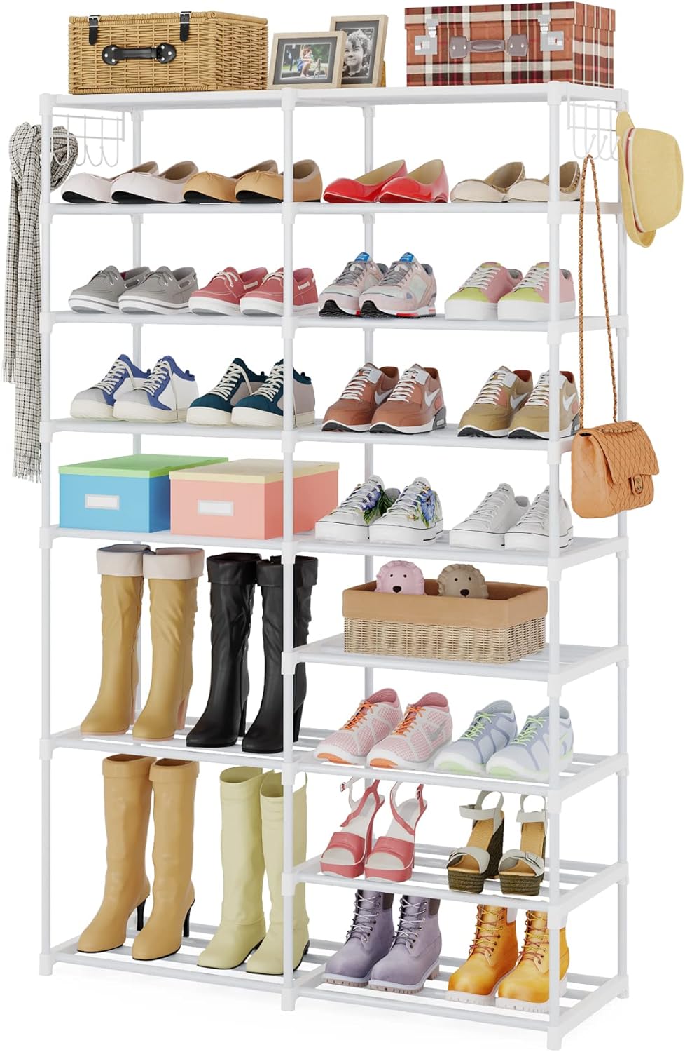 Tribesigns 32-40 Pairs Shoe Storage Shelf, 9 Tiers Stackable Shoe Tower/Rack/Stand for Closet, Boot Organizer with 2 Hooks,