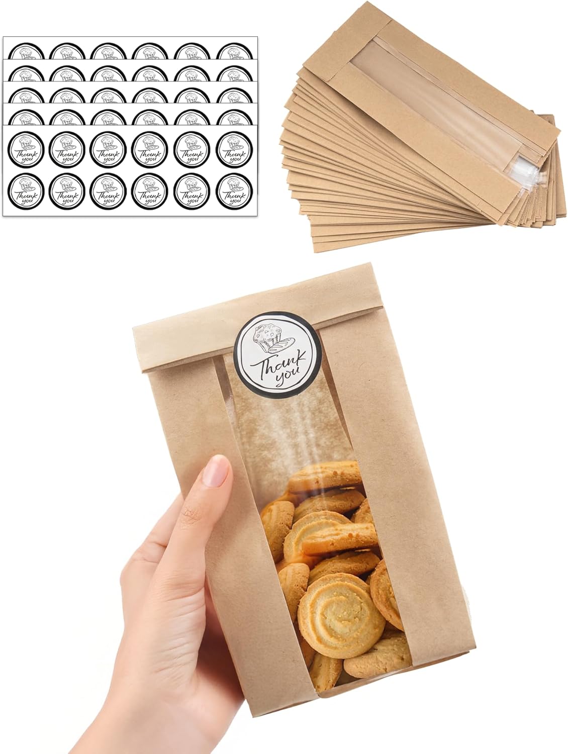 BakeChoice 50pcs Small Bakery Bags with Window and Seal,60 Stickers,Kraft Brown Paper Bags for Cupcake/Cookie/Coffee Bean/Party Favor,Snack Packaging (8,89x5,85x19,05 cm)