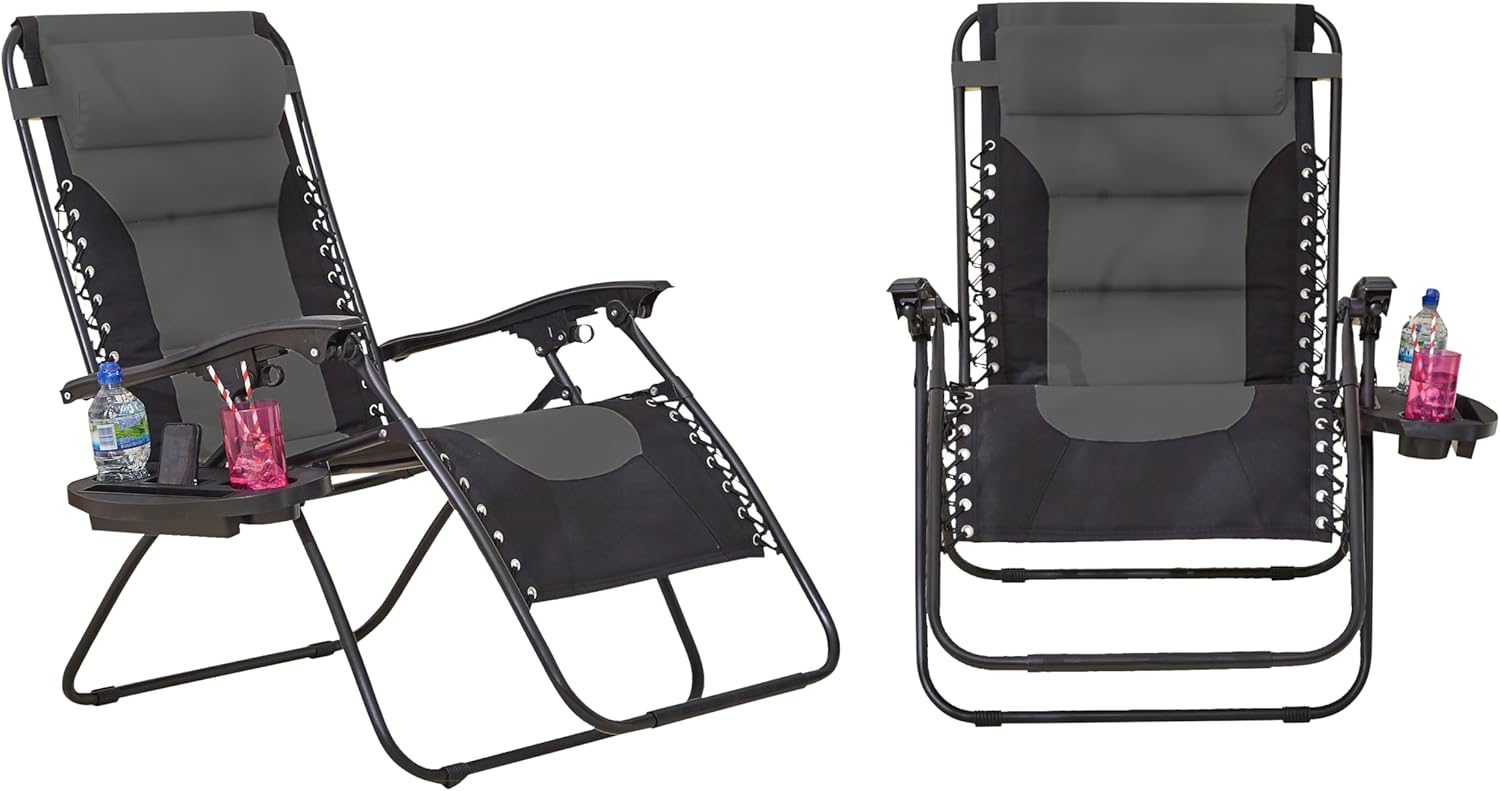 Neo Pair of Outdoor Zero Gravity XL Padded Large Sun Lounger Sunbed Folding Reclining Chair Camping Garden Beach Patio (Grey)