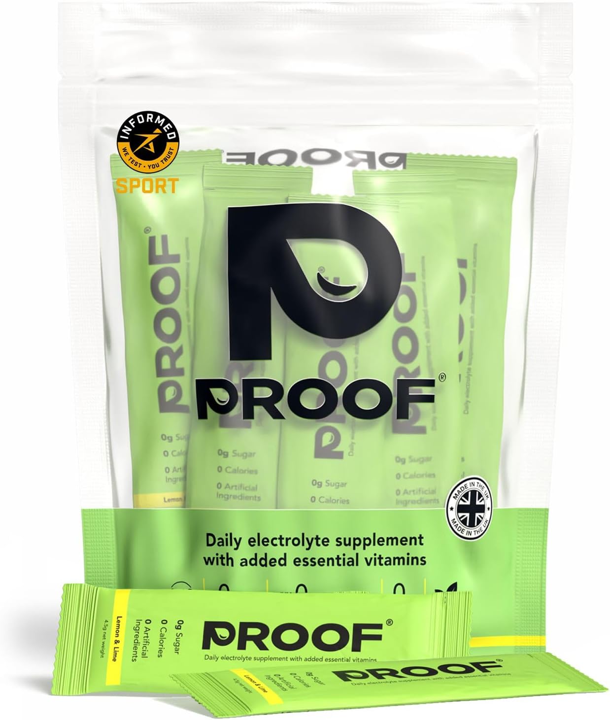 Proof Hydration Daily Electrolyte Supplement with Essential Vitamins | 0g Sugar, 0 Calories, No Artificial Sweeteners, Vegan | Hydration Powder Sachets | Made in The UK (10 Servings, Lemon & Lime)