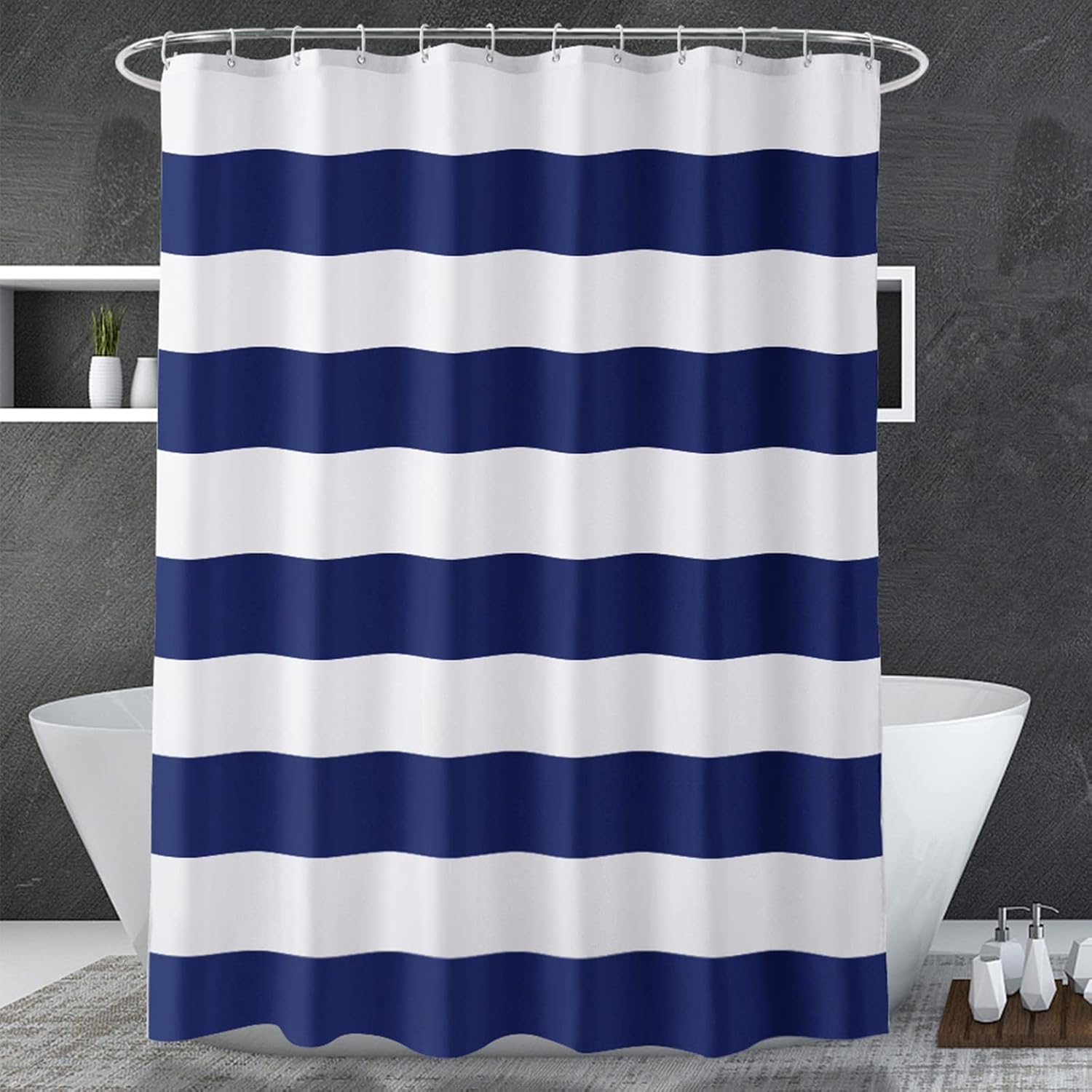 AmazerBath Navy Blue Shower Curtain, 72" W x 72" H Blue and White Stripes, Fabric for Bathroom, with 2 Heavy Stones