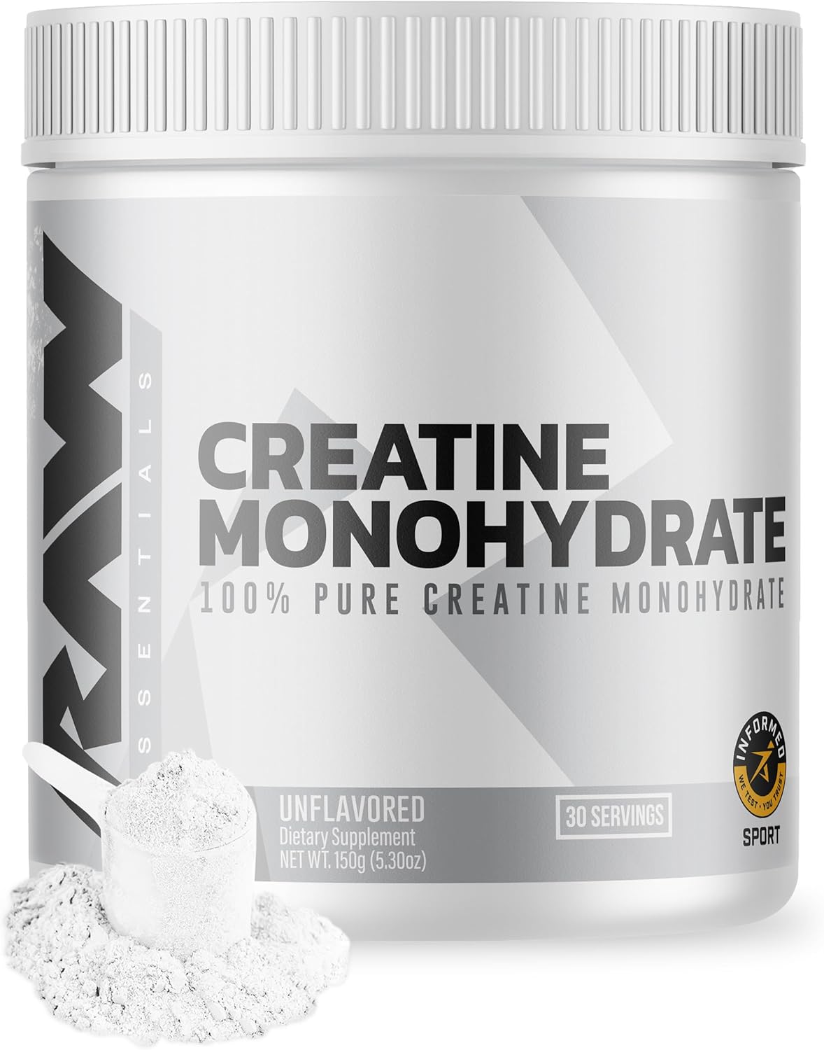RAW Nutrition Creatine Monohydrate Powder, Unflavored (30 Servings) - Micronized Creatine Monohydrate Supplement for Workout Performance, Build Muscle & Strength - Creatine Powder for Men & Women