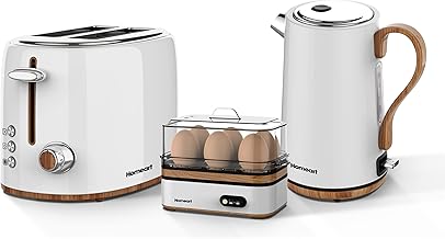 Panda Collection - Cordless Electric Kettle with Wood Detail, 2-Slice Toaster with Adjustable Browning Control and Egg Boiler with 6 Egg Capacity - White