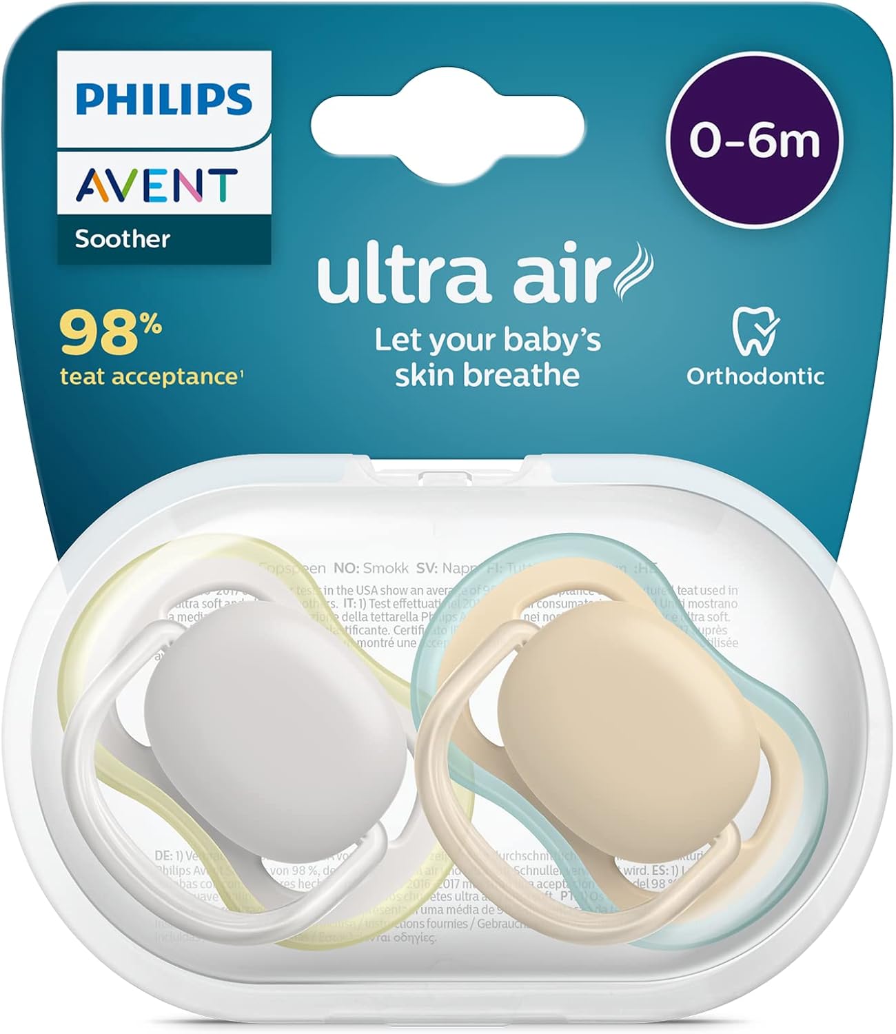 Philips Avent Ultra Air Pacifier 2 Count (Pack of 1) - BPA-Free Dummy for Babies from 0-6 Months (Model SCF085/15) Green/Brown
