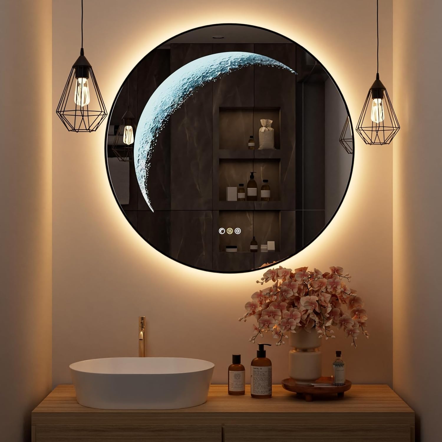 Black Round Mirror 30 inch, Circle Mirror with Backlit & Half Moon Light, Anti-Fog, 3 Color Modes, Dimming Wall-Mounted LED Mirrors for Islamic Ramadan Eid Gift Home Decor, Bathroom, Entryway