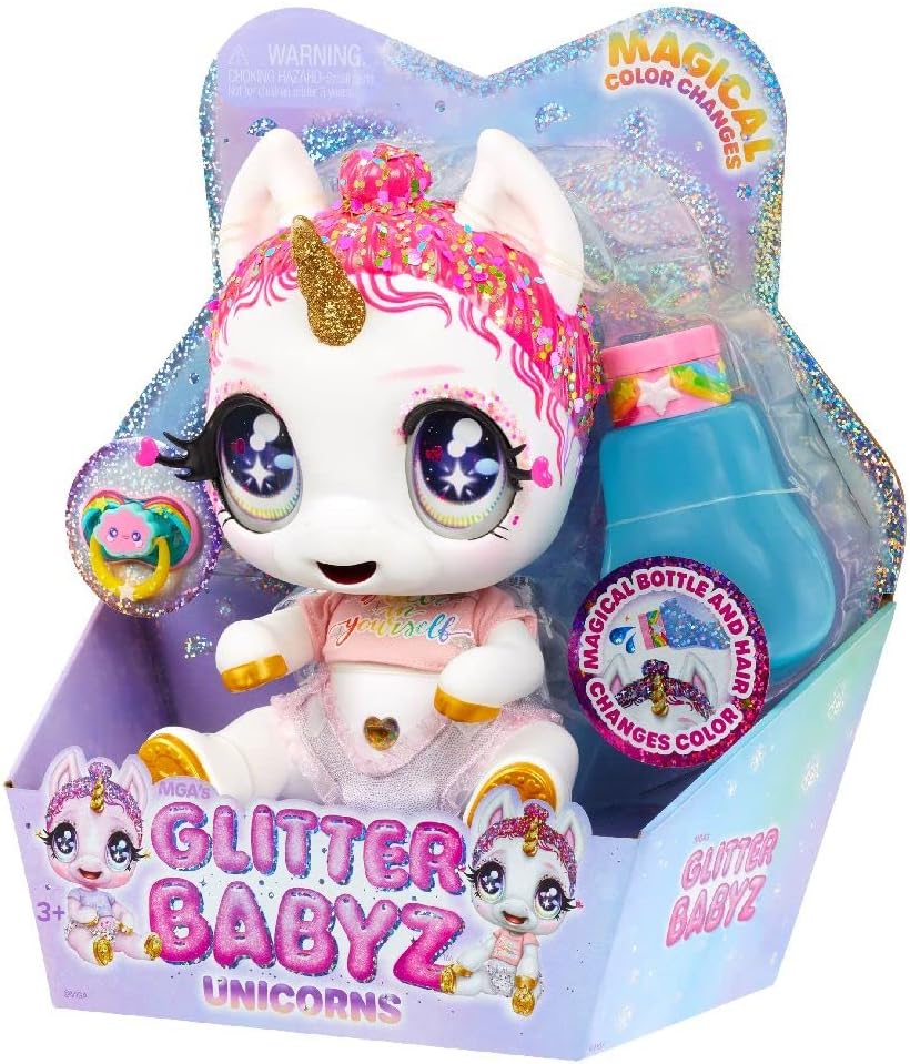 MGA Entertainment Glitter Babyz Unicorn Baby Doll with Magical Color Changes, Pink Glitter Hair, “Believe in Yourself ” Outfit, Diaper, Shampoo Bottle, Pacifier Gift for Kids, Toy for Ages 3 4 5+