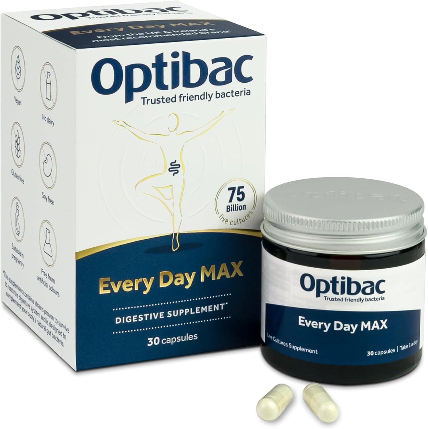 Optibac Probiotics Every Day MAX - Advanced Maximum Strength Vegan Digestive Probiotic Supplement with 75 Billion Bacterial Cultures - 30 Capsules