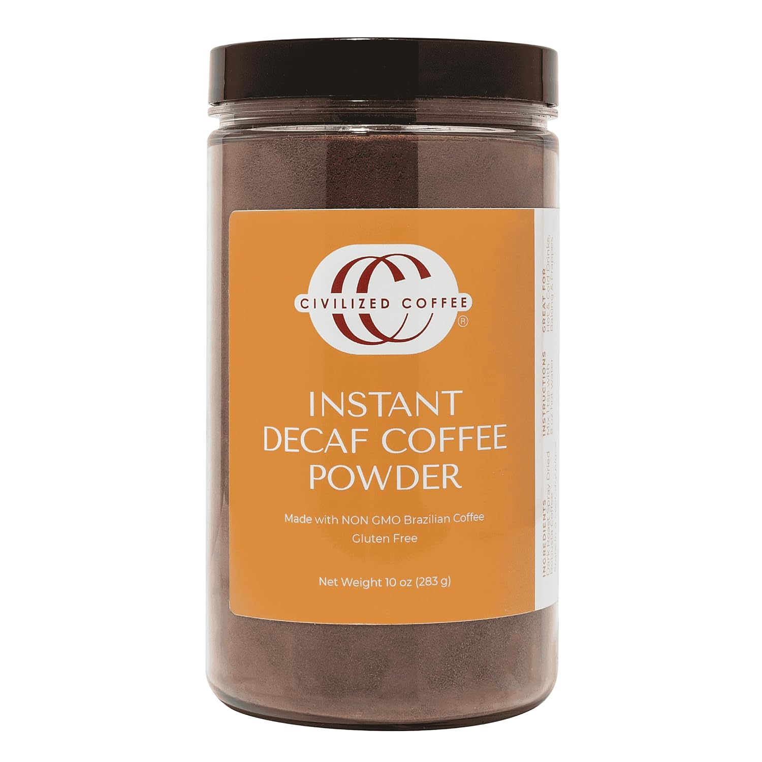 Civilized Coffee Premium Decaf Instant Coffee — Brazilian Dark Roast, Decaffeinated, Smooth & Rich (10 oz)