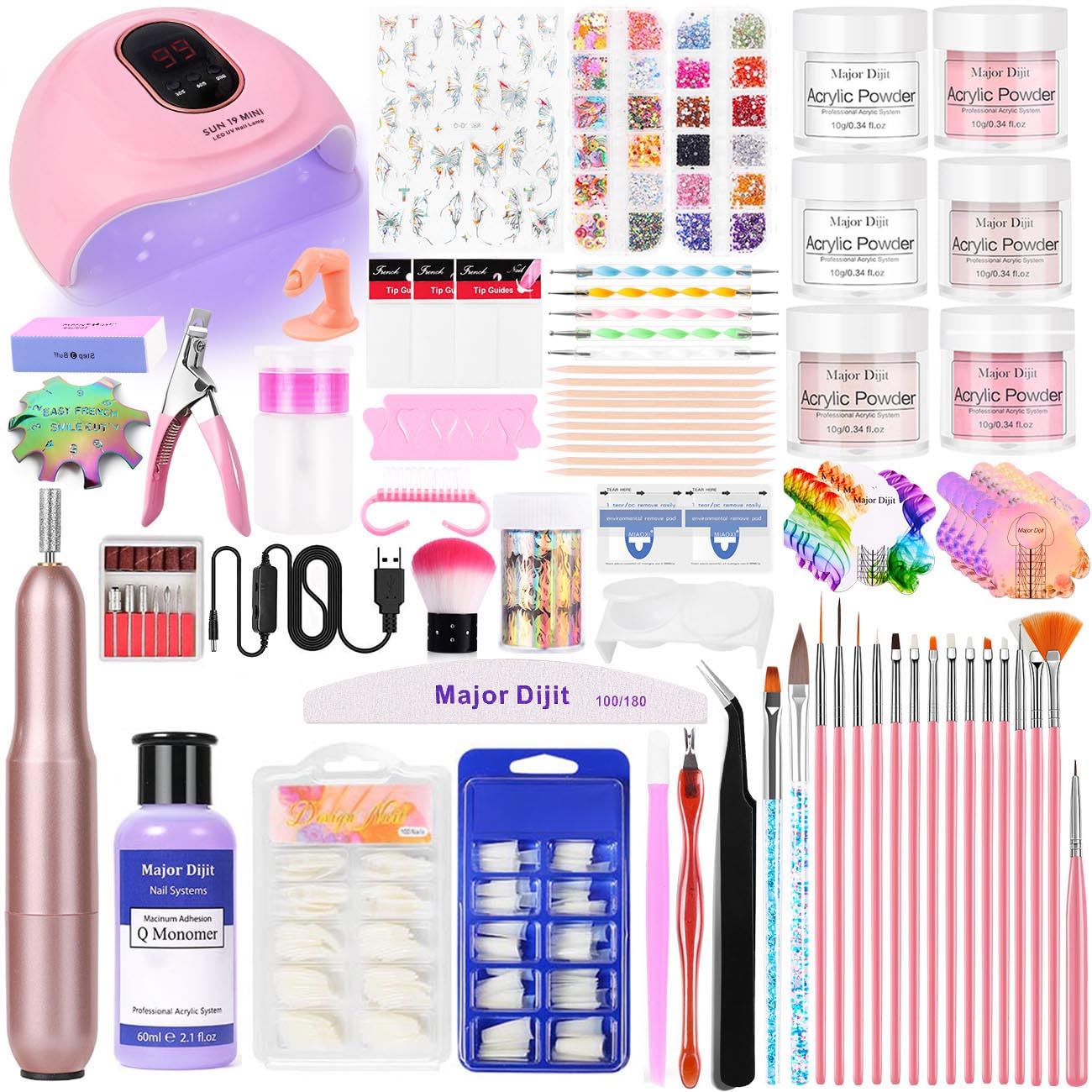 Acrylic Nail Kit with liquid Monomer,6colors Acrylic powder,UV Lamp Acrylic for Beginners with Everything Nail Supplies (White)