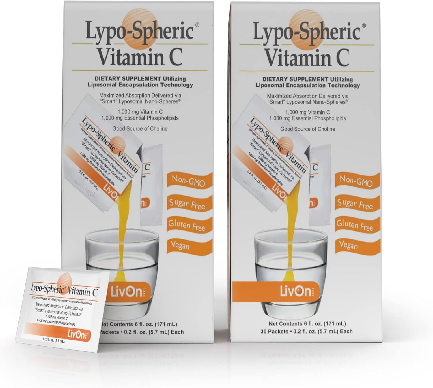 LivOn Laboratories Lypo–Spheric Vitamin C – 1,000 mg Vitamin C & 1,000 mg Essential Phospholipids Per Packet – Liposome Encapsulated for Improved Absorption – Non–GMO(2 Cartons,60 Packets)