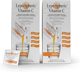 LivOn Laboratories Lypo–Spheric Vitamin C – 1,000 mg Vitamin C & 1,000 mg Essential Phospholipids Per Packet – Liposome Encapsulated for Improved Absorption – Non–GMO(2 Cartons,60 Packets)
